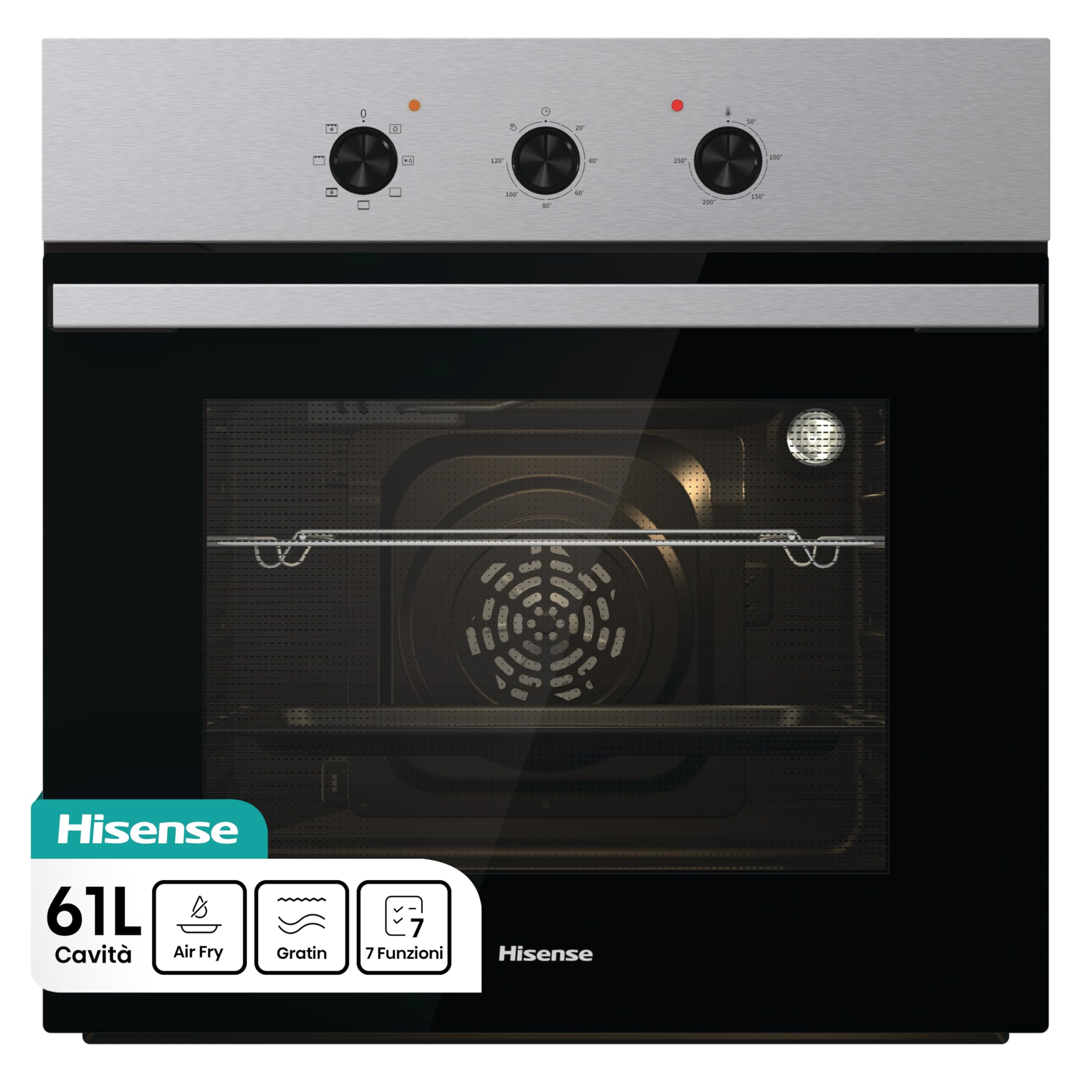Hisense BI62120AX - Forno multifunzione, 3 manopole Push Pull, cavità 61l, 7 funzioni, AcquaClean, 2 vetri, funzione pizza 250°, classe A