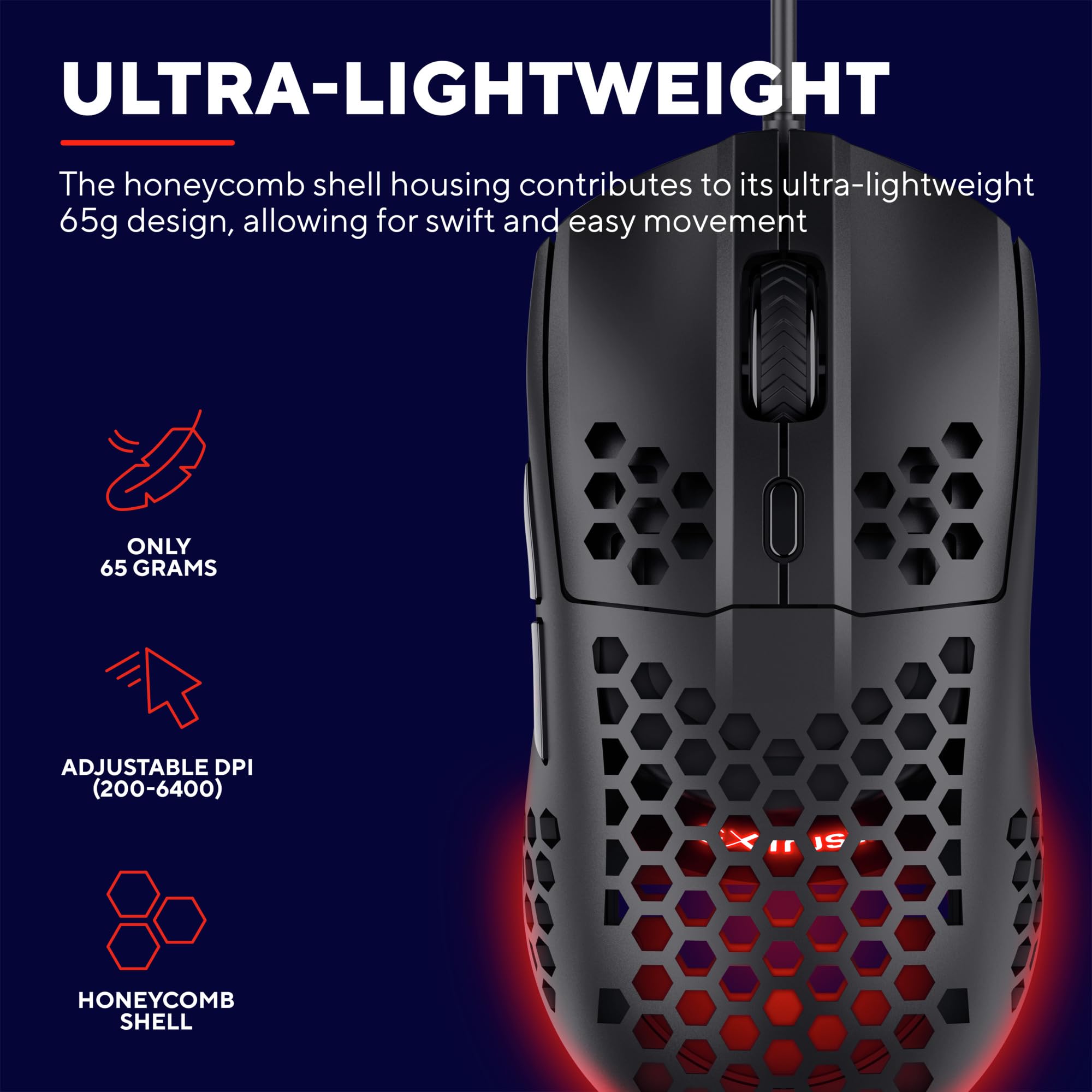 Trust Gaming GXT 928 Helox mysz do gier, superlekka mysz przewodowa USB 65 g, regulowana DPI (200-6400), czujnik optyczny, 6 programowalnych przycisków, oświetlenie LED RGB, do gier, laptopa, | Regulowane DPI (200-6400), czujnik optyczny, 6 programowalnyc