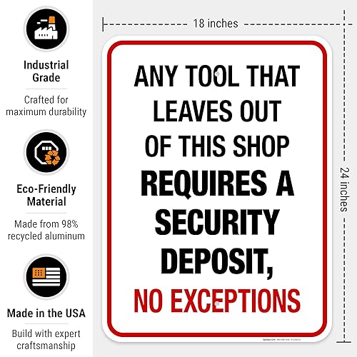 Miniatura 12 de Any Tool That Leave Out of This Shop Requires A Security Deposit No Exception Sign, 10x7 Inches, Rust Free .040 Aluminum, Fade Resistant, Made in USA