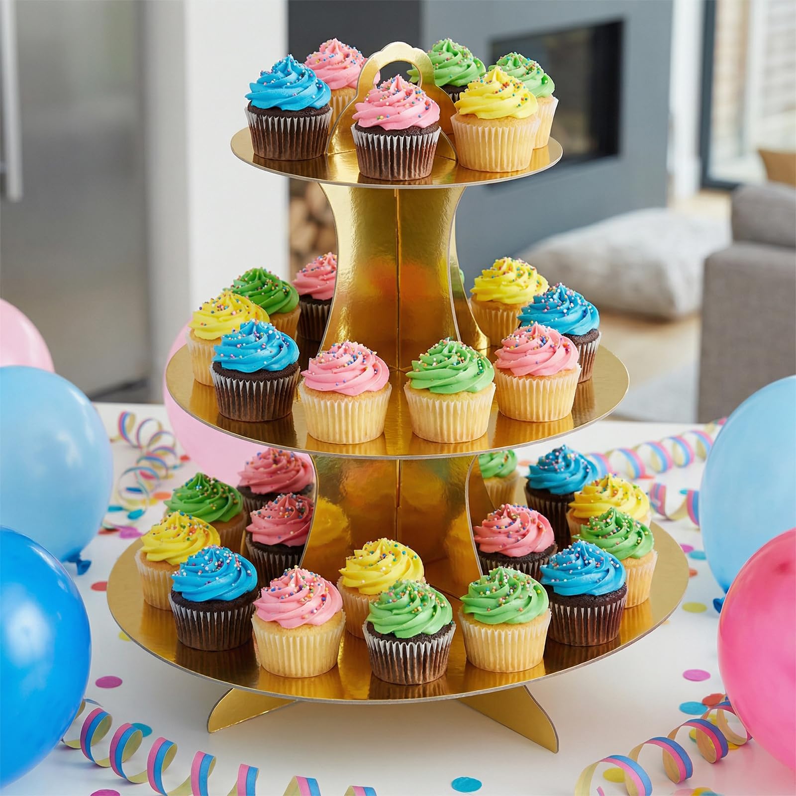Paquete de 10 soportes de cartón dorado de 3 niveles, soporte redondo de cartón para cupcakes, soporte de exhibición de cupcakes para fiesta de cumpleaños, fiesta de Navidad, boda