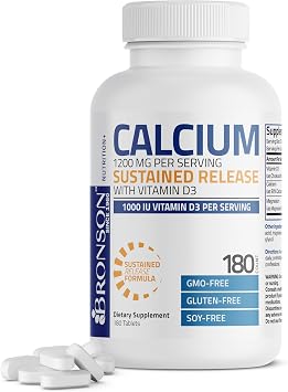 Bronson Calcium 1200 mg Sustained Release + Vitamin D3 1000 IU, 180 Tablets