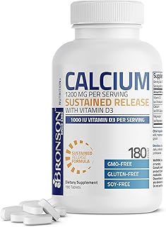 Bronson Calcium 1200 MG Per Serving Sustained Release with Vitamin D3 1000 IU Vitamin D3 Per Serving Non-GMO, 180 Tablets