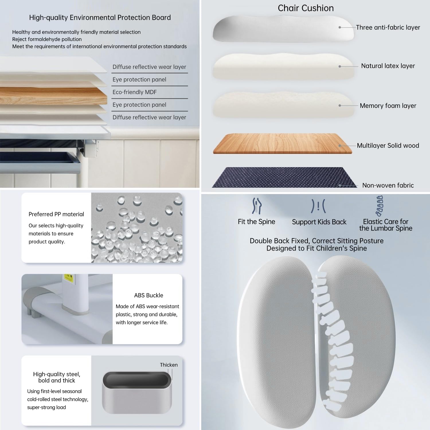 Desk and Chair Set, Height Adjustable Functional Ergonomic School Study Table with Tilt Desktop, Workstation Writing Desk with Storage Drawers, LED Light, Bookstand, Metal Hook (Gray)