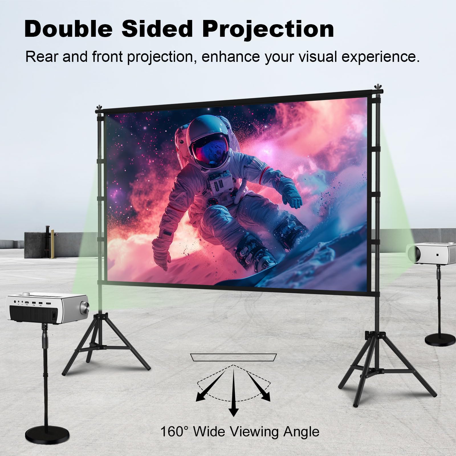 Wootfairy 100" tragbare Faltbare Projektionsleinwand mit Stativ, 16:9 4K HD, vorne/hinten projizierbar, knitterfrei, inkl. Tragetasche – Heimkino & Outdoor
