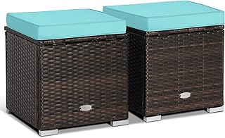 HAPPYGRILL 2PCS Patio Ottoman Set Outdoor Wicker Stool with Storage, Rattan Footrest Ottoman with Solid Metal Frame and Cushion for Backyard Poolside Garden Balcony