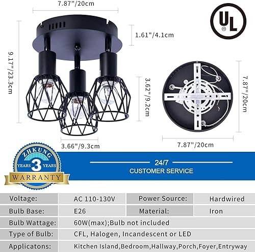 Miniatura 5 de Lámpara de techo industrial semiempotrada, 3 luces multidireccionales de techo, jaula de alambre de metal negro vintage, iluminación colgante para