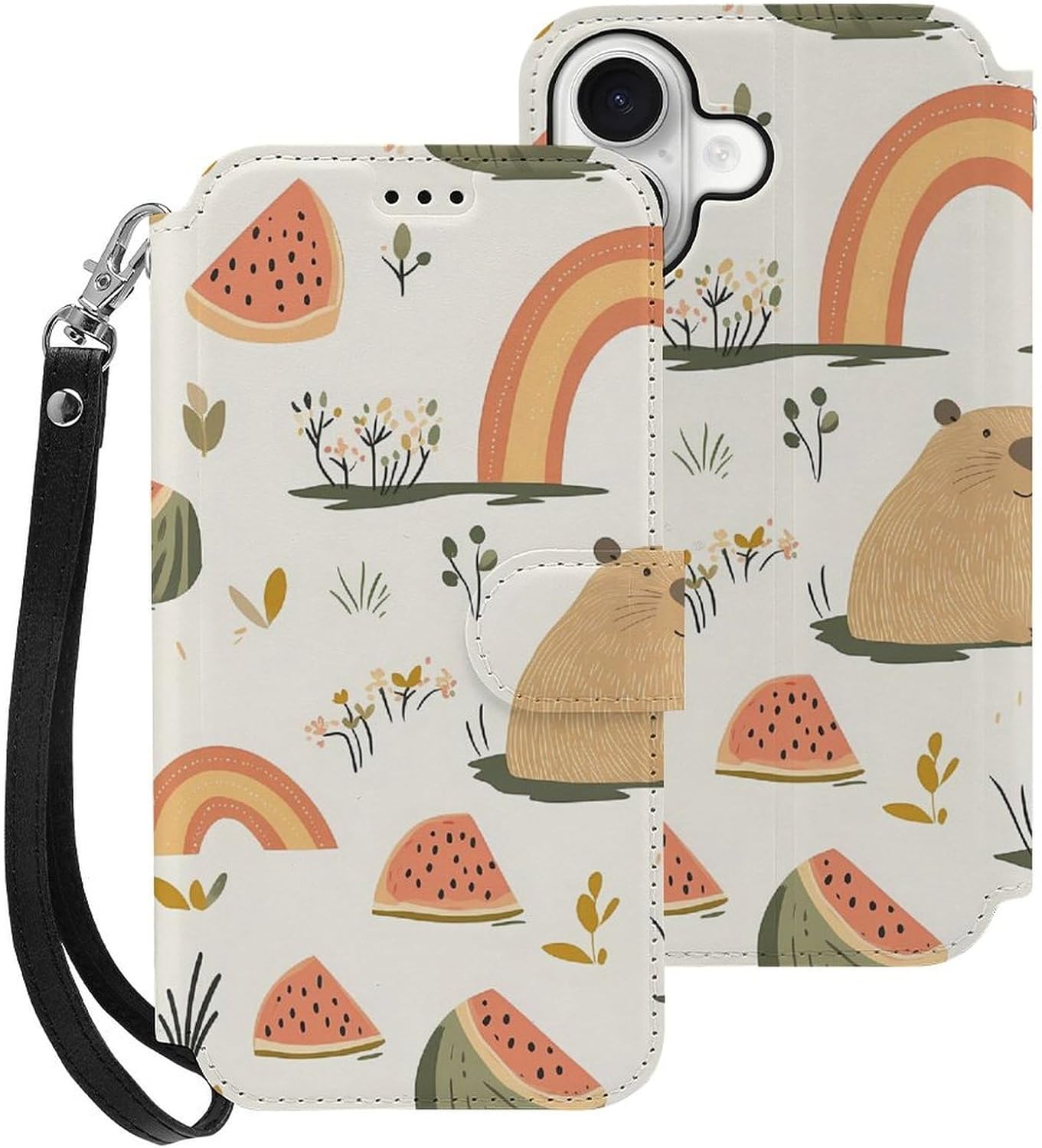 Capybara Rainbow Floral Watermelon Compatible with iPhone 16/16 Plus/16 Pro/16 Pro Max/16 E Case Phone Wallet Card Holder Flip Cover with Wrist Strap