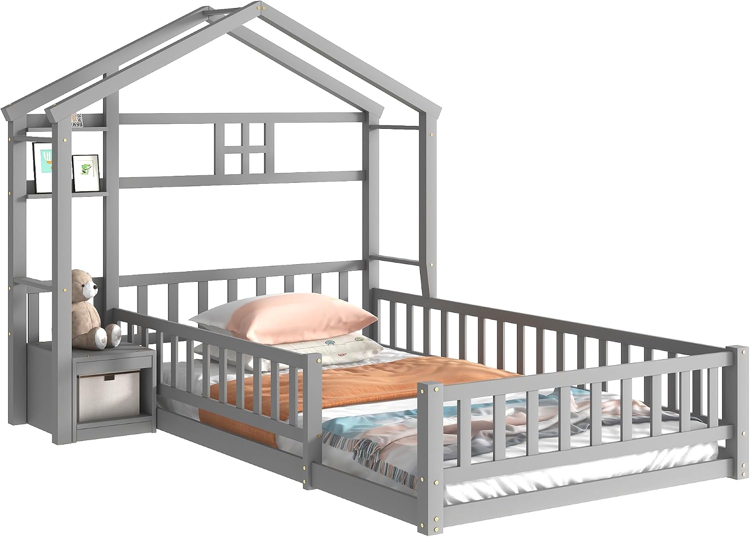 Floor Bed with Fence Railings and House Shape Headboard, Twin Size House Beds with Nightstand and Wooden Slats Support, Kids Montessori Style Playhouse Bed Frame for Girls Boys, Gray