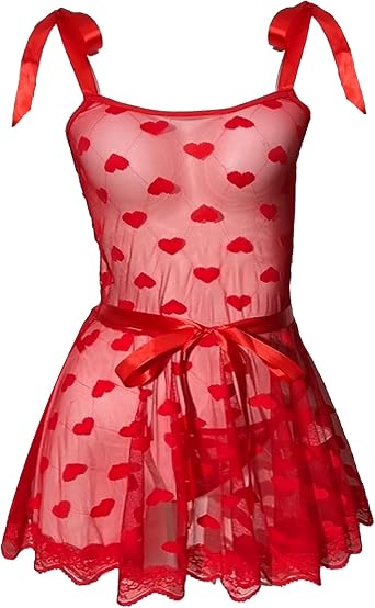 Womens Sexy Love Heart Linergie Bodysuit, Mesh Romper BDSM/Maid Roleplay One Size Holiday/Bridal Outfit Red