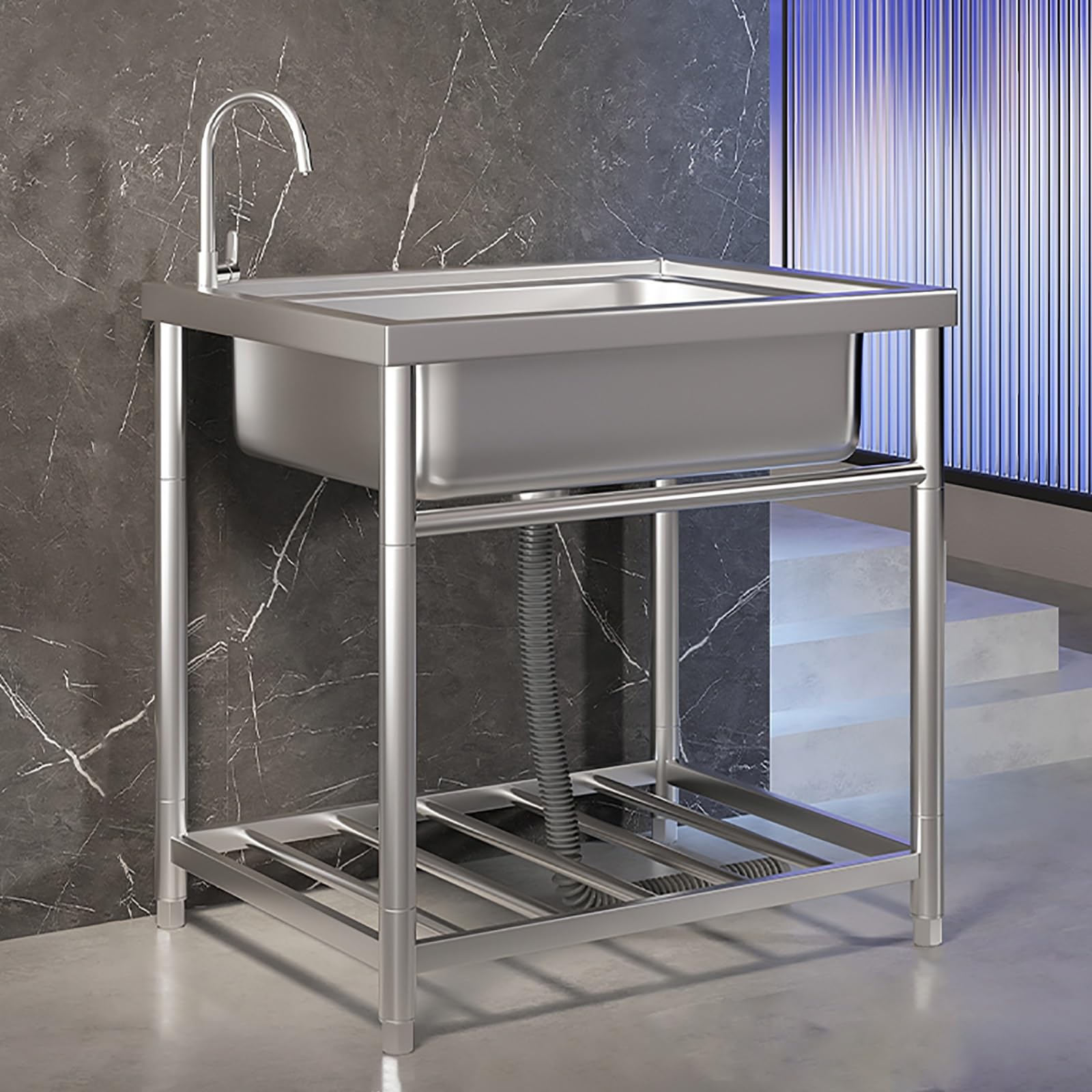 HCZKIUJY Stainless Steel Outdoor Single Bowl Utility Sink,Freestanding Sink Commercial,Commercial Restaurant Kitchen Sink,with Drainer Unit + Tap,for Garage, Restaurant, Kitchen,