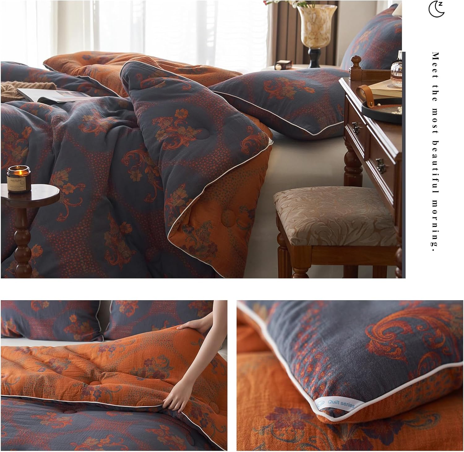 mixinni Vintage Floral Comforter Set King Size, All Seasons Muslin Cotton Bedding Set, 3 Pieces Farmhouse Shabby Chic Jacquard Floral Comforter Set Perfect for Women and Men-Grayish Blue/Pumpkin - Image 4