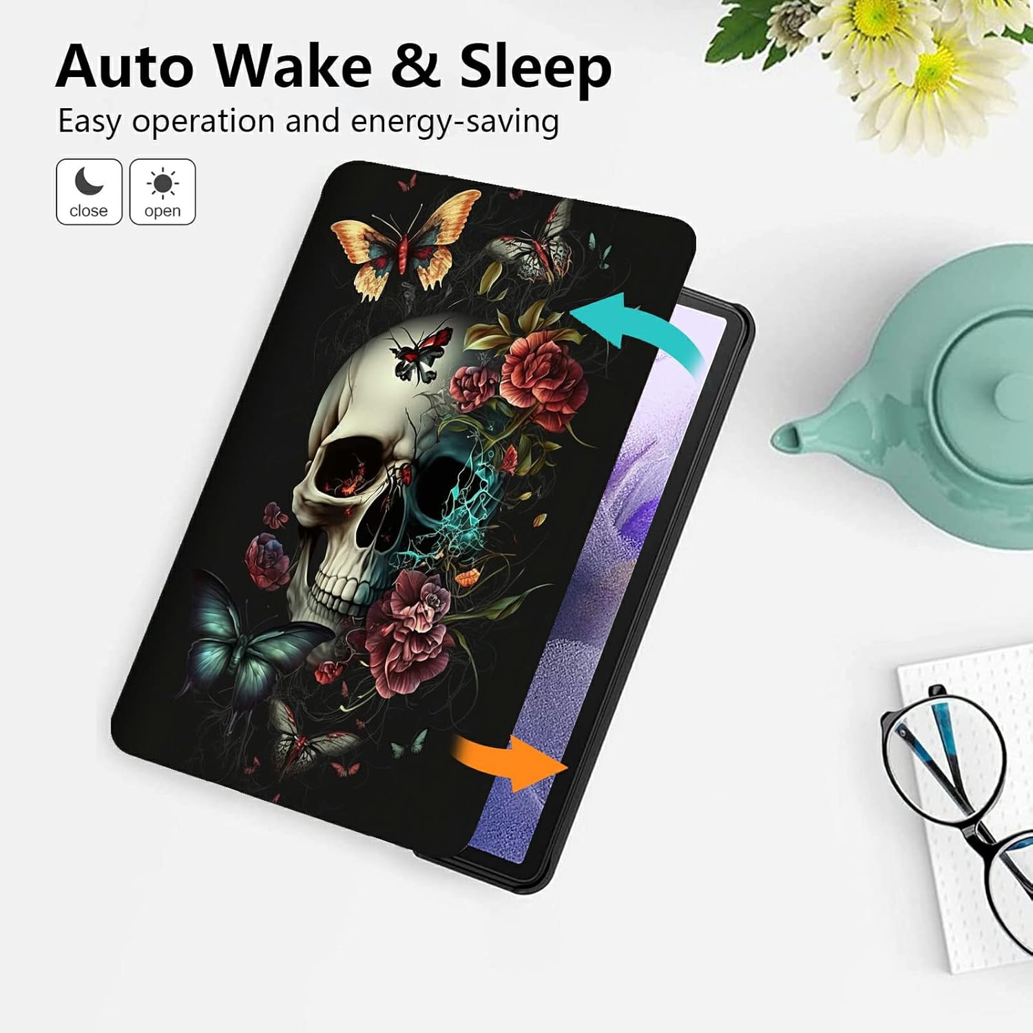 for 10.1" Amazon Fire HD 10 Tablet (13th Generation, 2023 Release),PU Leather Multi-Angle Anti Slide Stand Cases with Auto Wake/Sleep,Butterfly Skull Flower