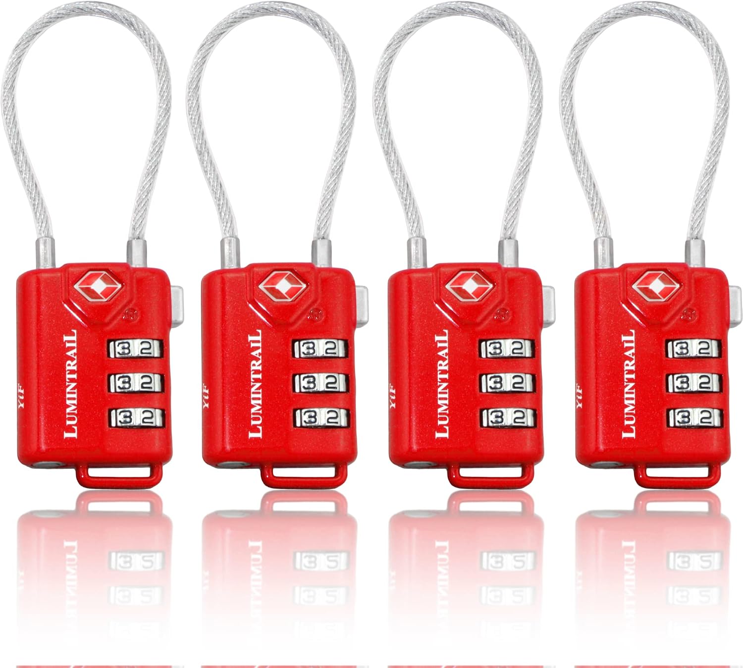 Lumintrail TSA Approved Lock for Luggage or Suitcase, Easy-to-Read 3 Digit Personalized Combination, Travel Suitcase Lock, Metal Construction Luggage Lock, Red (4 Pack)