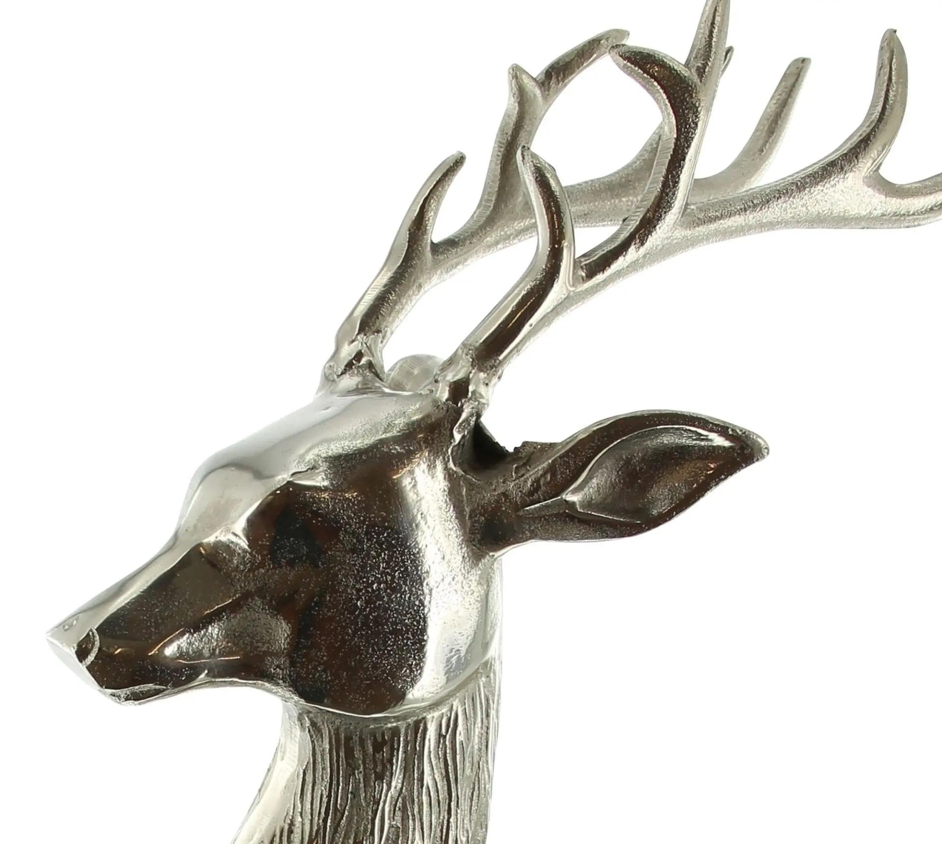 Dekoleidenschaft große Figur Hirsch aus Aluminium, Silber glänzend, edle Skulptur, 65 cm hoch, Tierfigur stehend, Wohnzimmer Deko