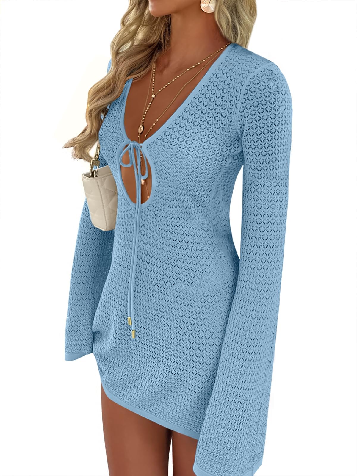ANRABESS Swimsuit Cover Up for Women Crochet Bathing Suit 2026 Summer Swimwear V Neck Mesh Knit Dress Beach Vacation Clothes