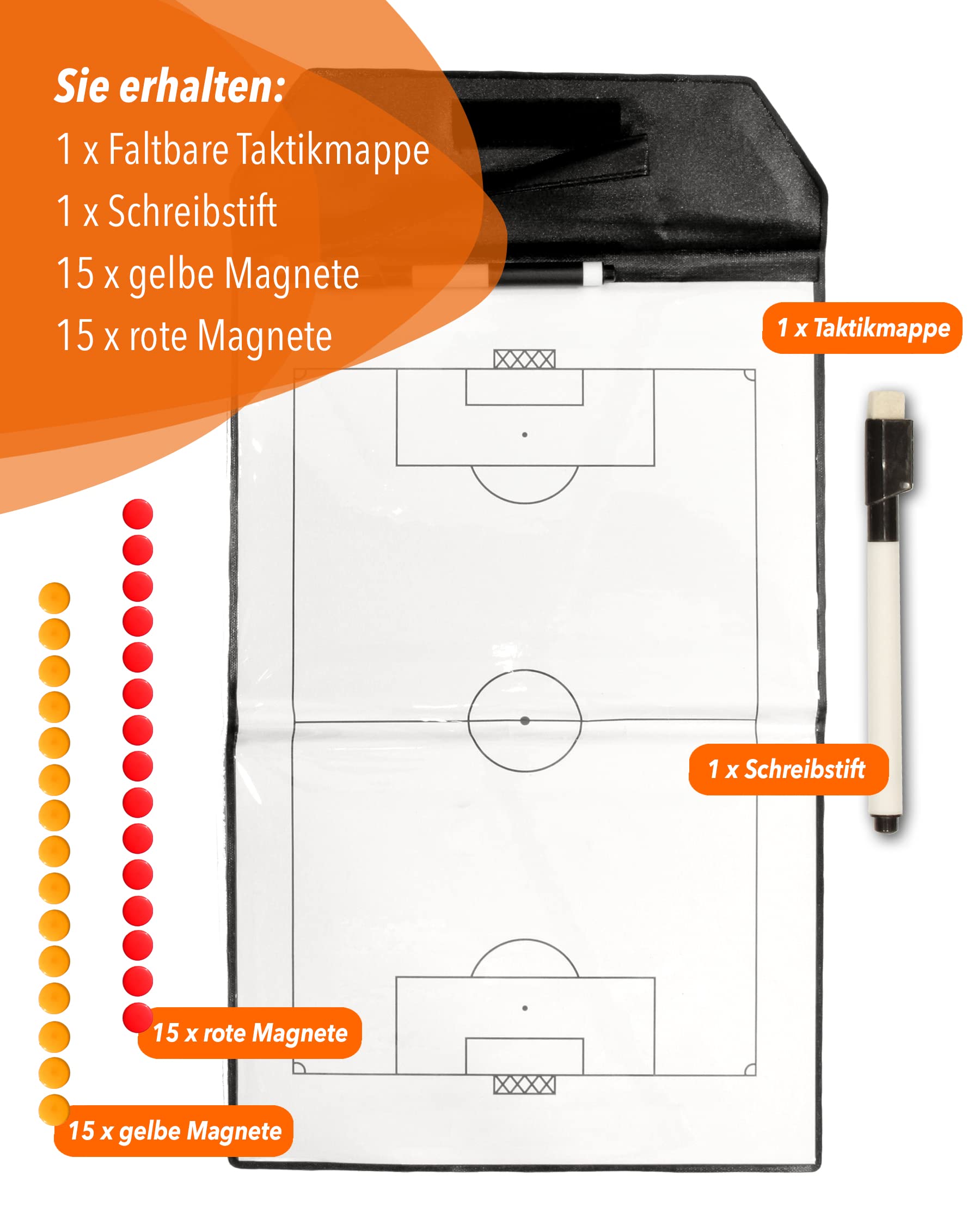 Magnetische Taktikmappe faltbar – 46 x 25 cm aufgeklappt – Trainer-Board mit Magneten & Stift – für Fußballtraining & Taktikschulung