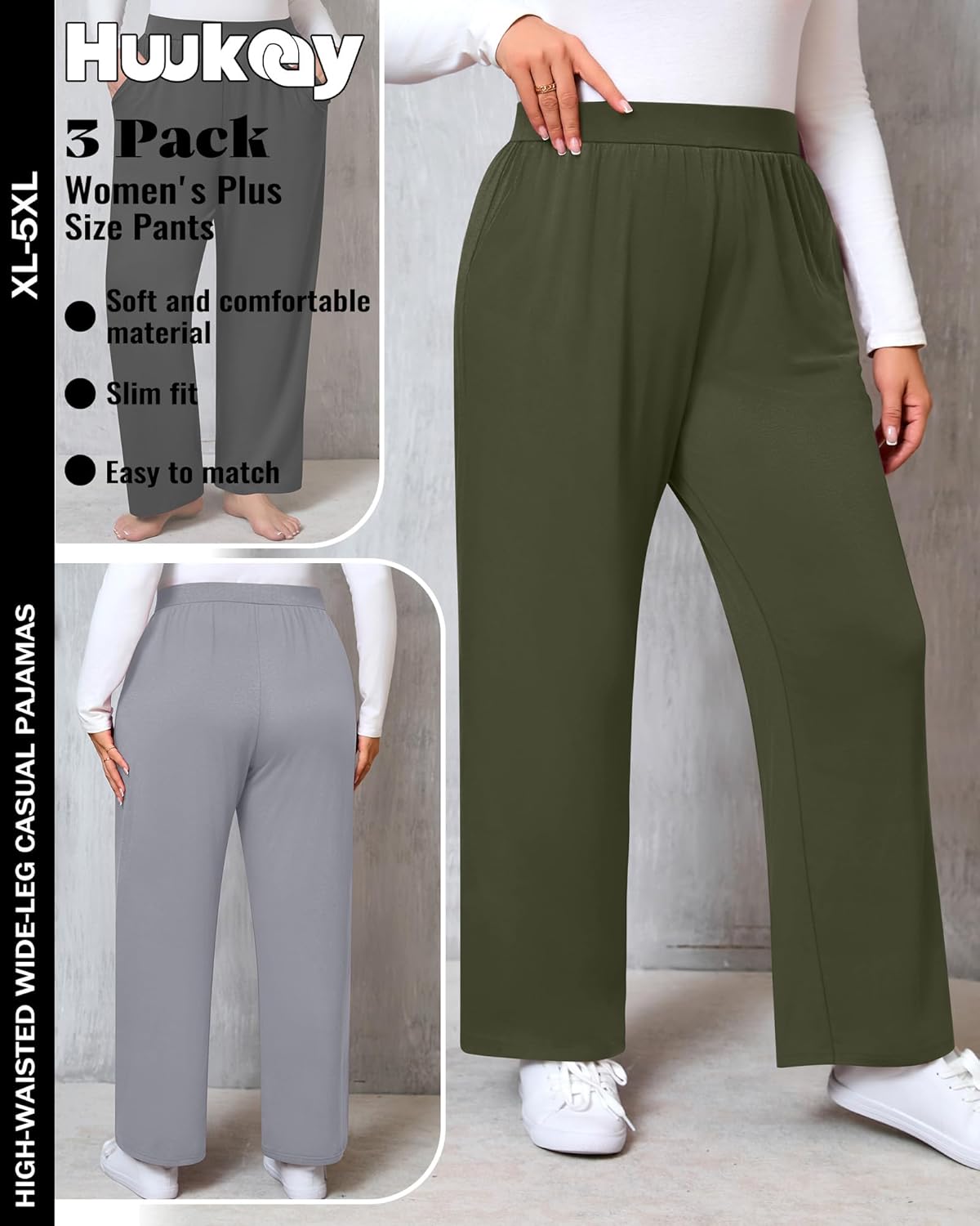 Huukeay 3 Pack Women's Plus Size Pants, High Waisted Wide Leg Pants Casual Pajamas Pants Loose Yoga Sweatpants with Pockets - Image 6