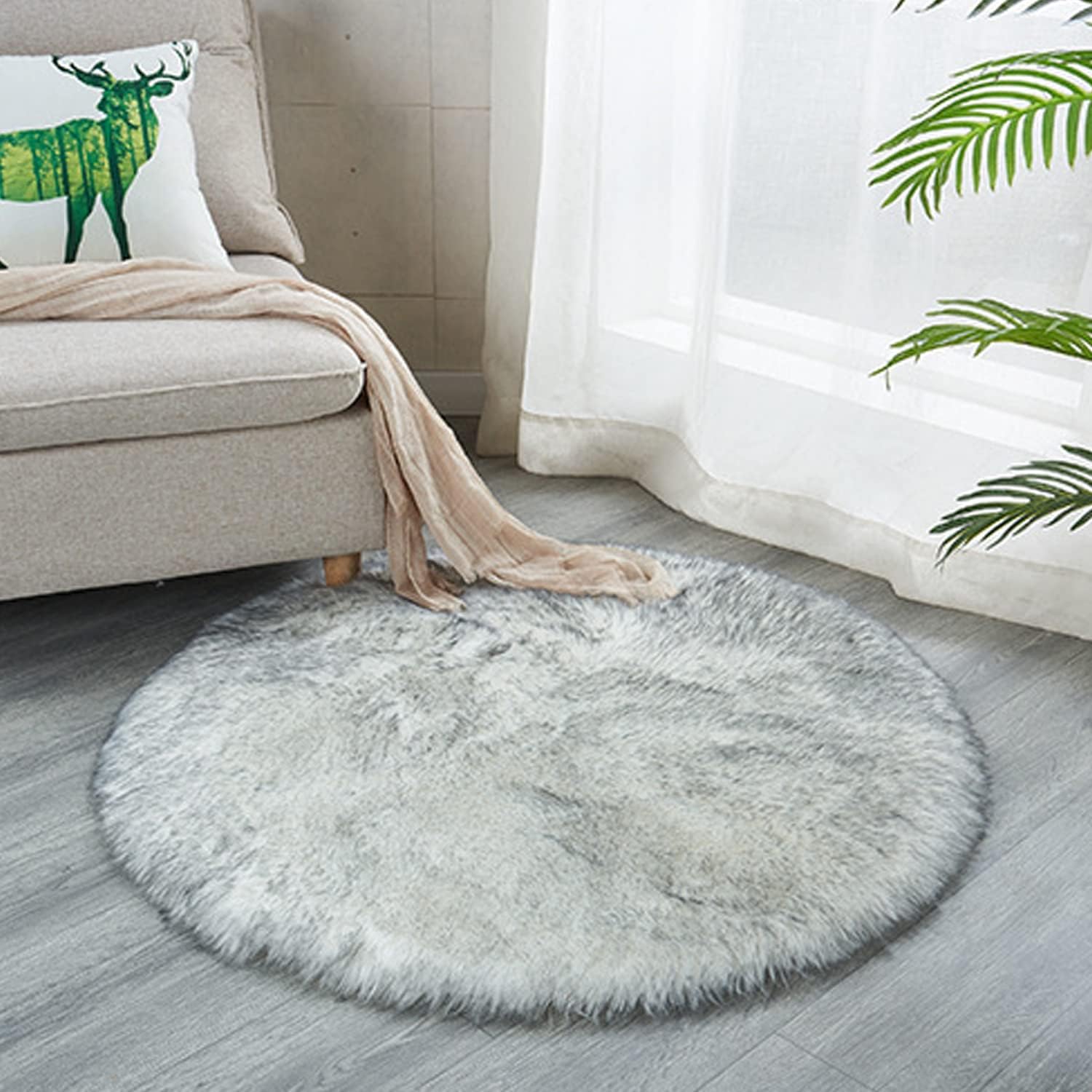Faux Sheepskin Round Area Rug Silky Shag Rug Fluffy Carpet Rugs Floor Area Rugs Decorative for Living Room Girls Bedrooms，4 Feet,White with Grey Top