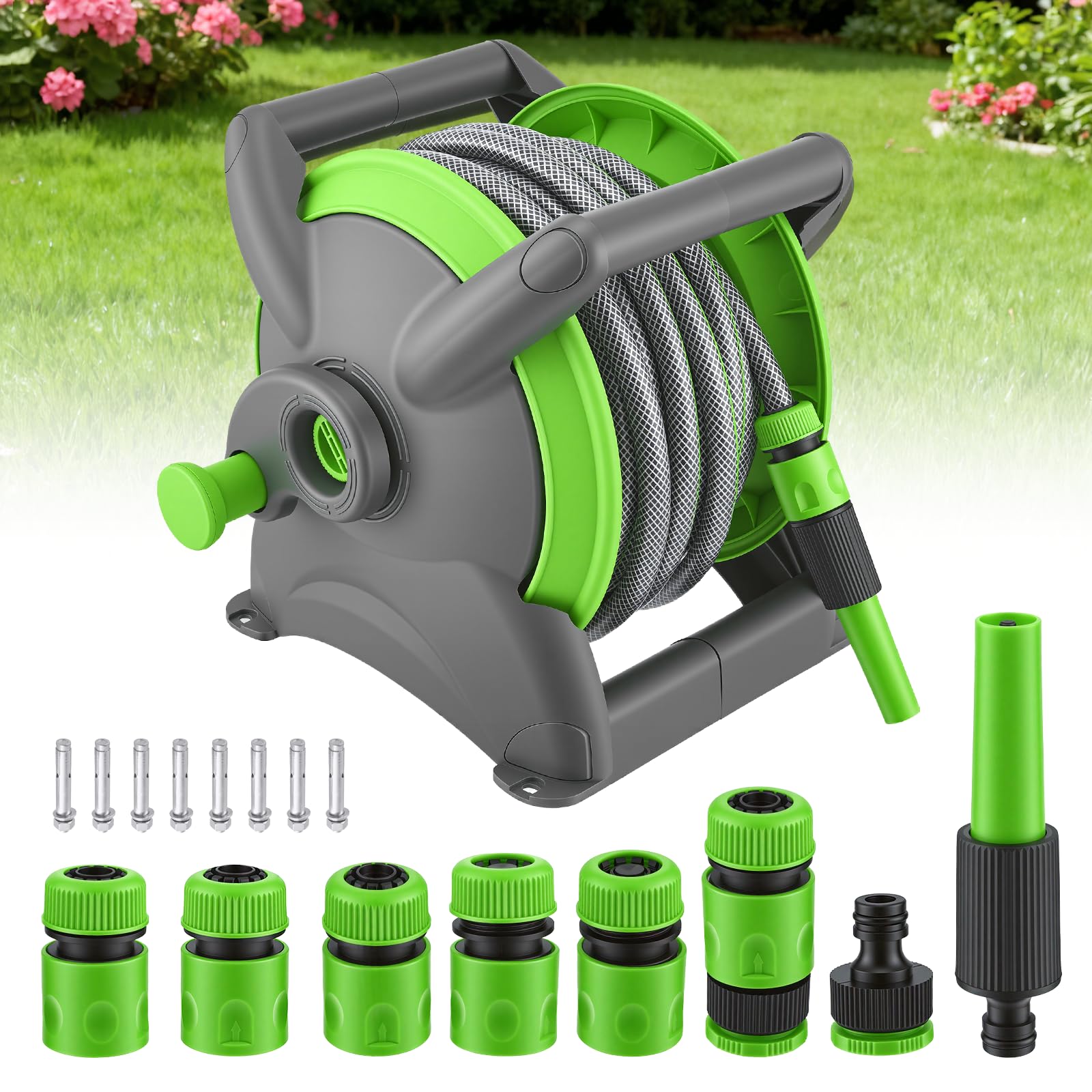 Avvolgitubo Automatico Retrattile 20m, Avvolgitubo da Giardino ad Aria Compressa, Fissaggio a Parete Girevole 180°, Canna Acqua Giardino per Irrigazione Giardino Orto e Pulizia Domestica