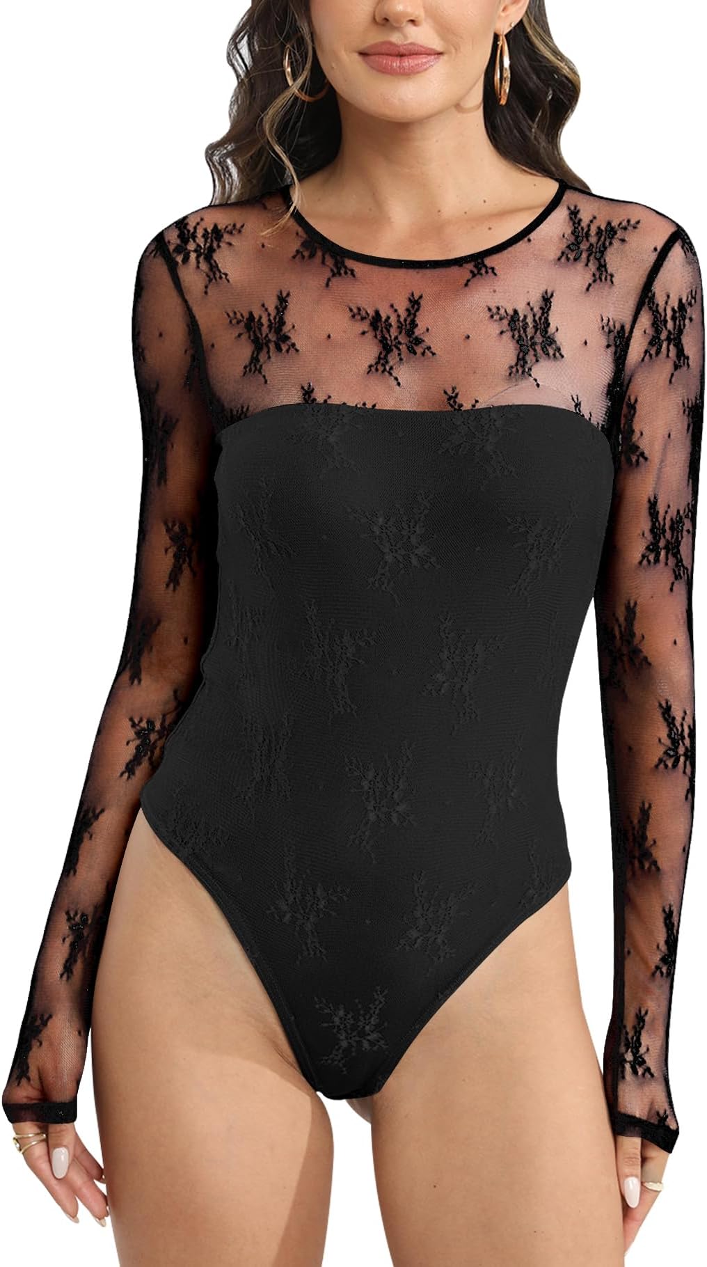 UgerlovWomen Long Sleeve One Piece Body Suit Black Lace Bodysuit Sexy Strapless Shapewear Bodysuit See Through Crewneck Mesh Tops Black M