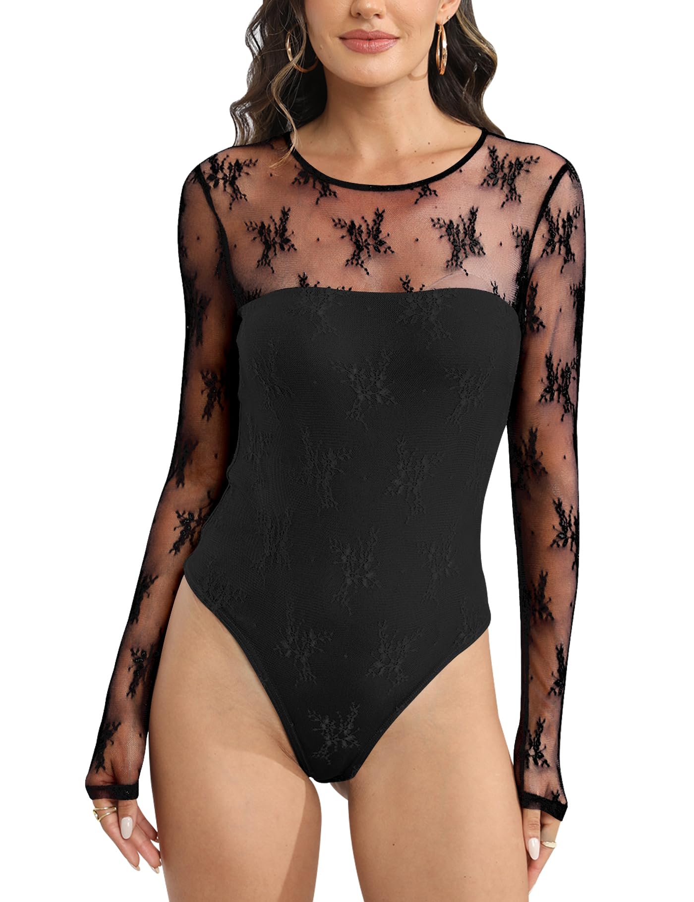 UgerlovWomen Long Sleeve One Piece Body Suit Black Lace Bodysuit Sexy Strapless Shapewear Bodysuit See Through Crewneck Mesh Tops Black M
