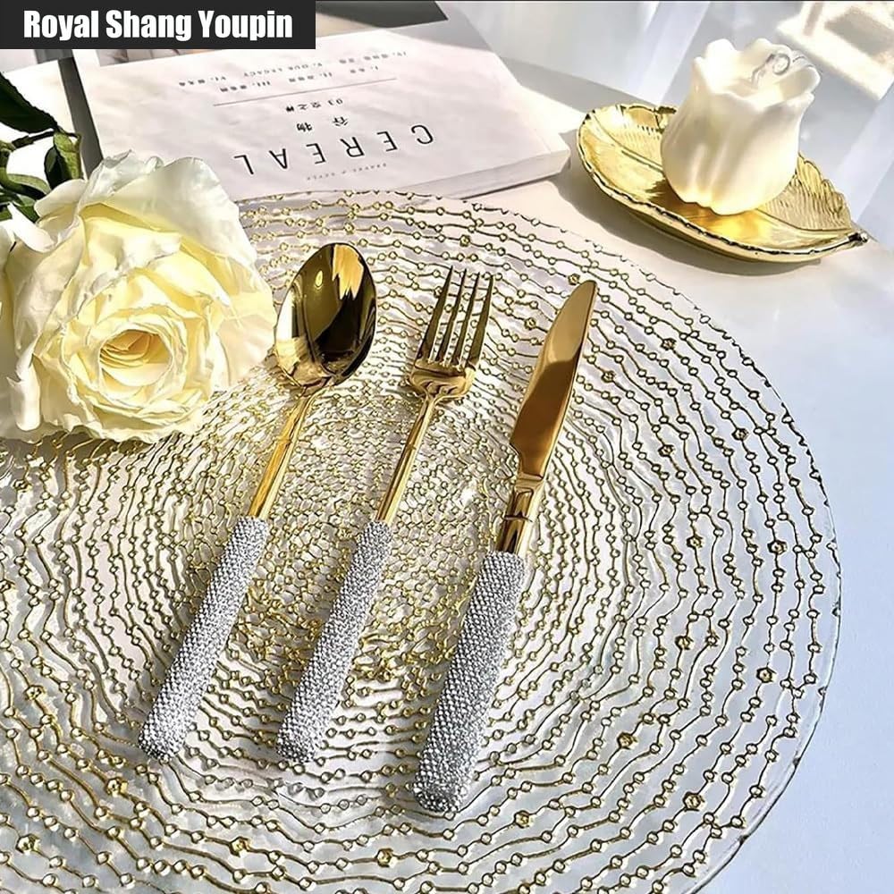 Maniglia Con Intarsio Diamantato Cucina Acciaio Inossidabile Posate Stoviglie Posate Set Coltello Da Bistecca Forchetta Cucchiaio Cucchiaino (Bianco Argento,16 pezzi)