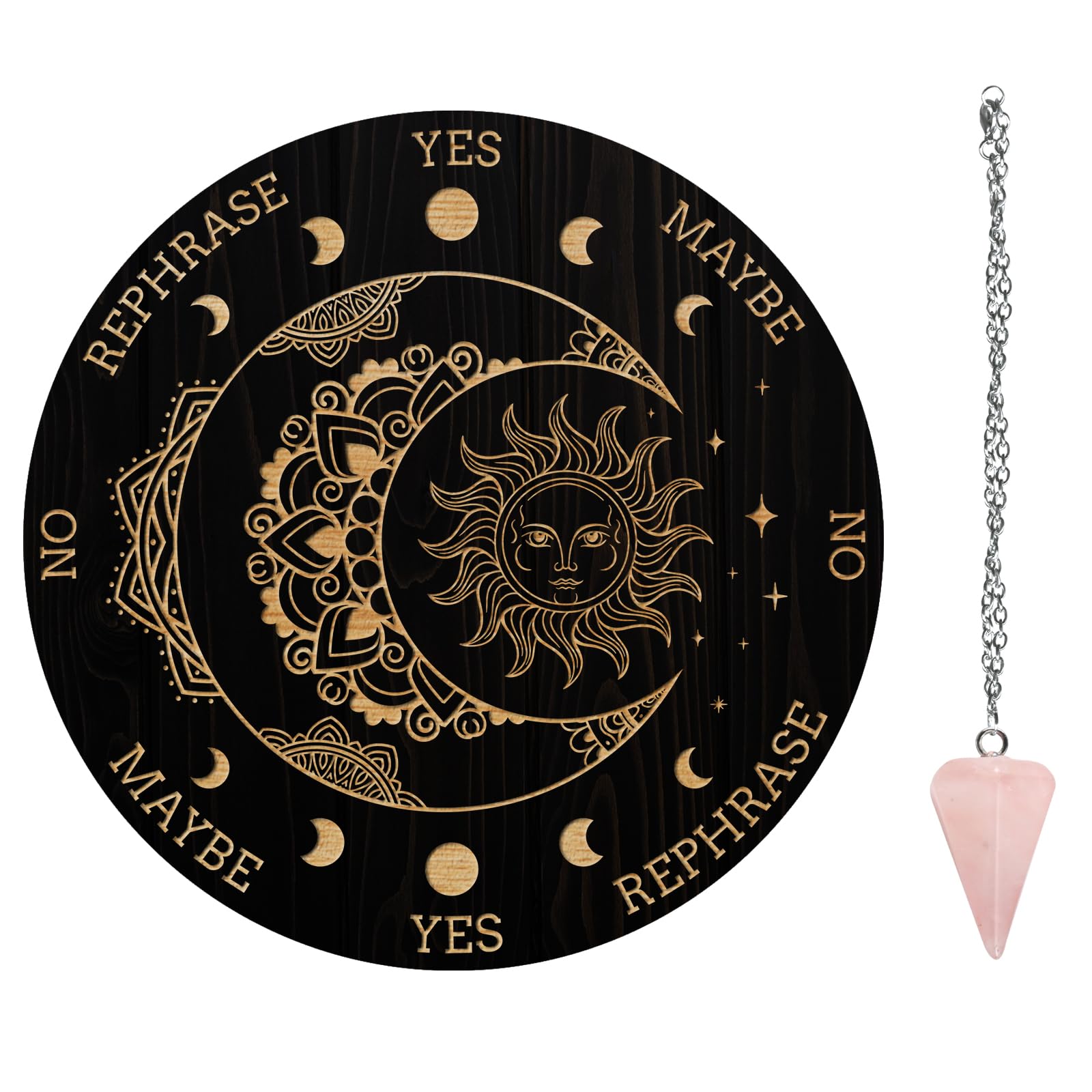 AHANDMAKER Pendulum Board Set, Wooden Dowsing Divination Board Metaphysical Message Board with Crystal Pendulum Necklace for Witchcraft Wiccan Altar