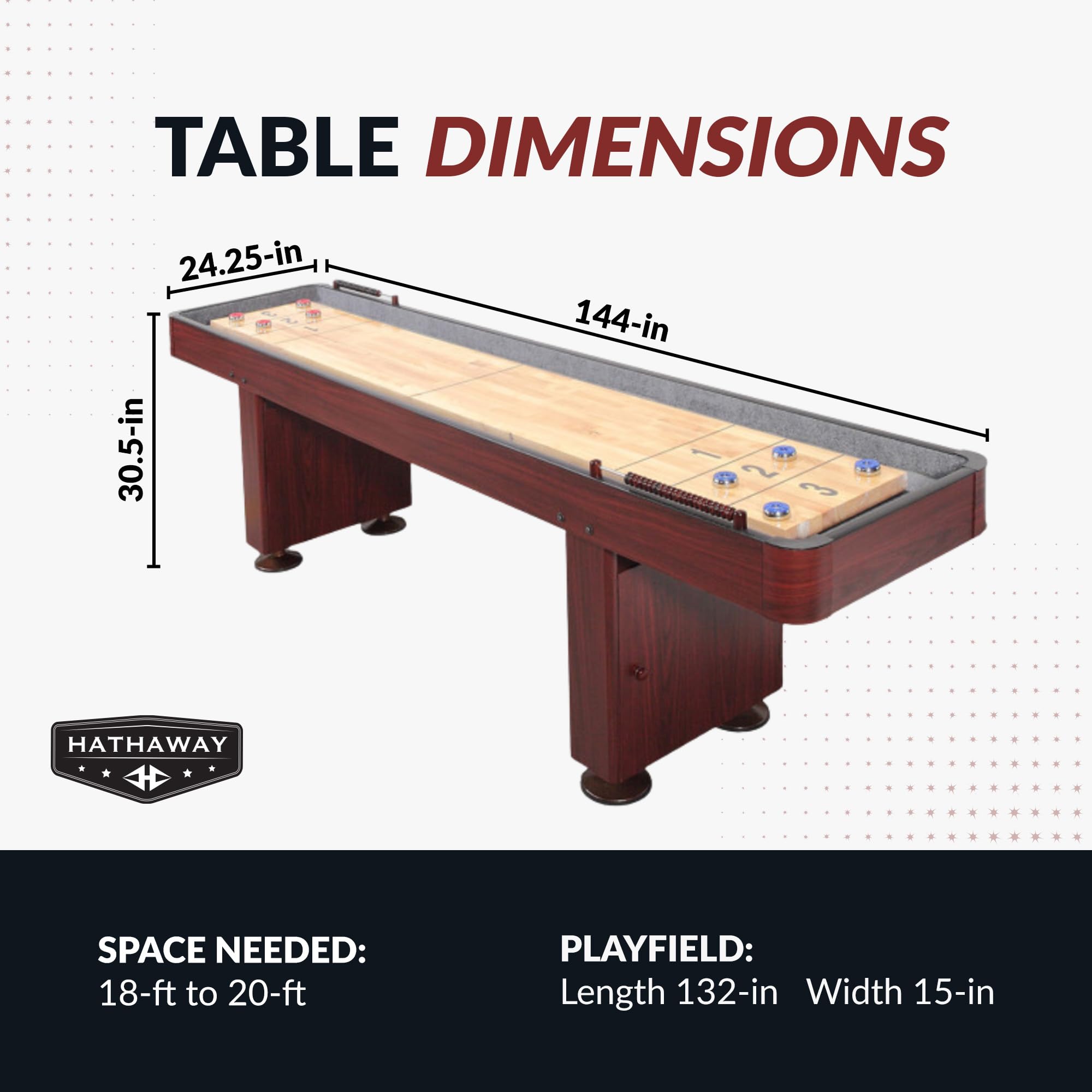Challenger Shuffleboard Table with Dark Cherry Finish, Hardwood Playfield, Storage Cabinets, Climate Adjusters, Leg Levelers, 8 Pucks, Brush and Wax