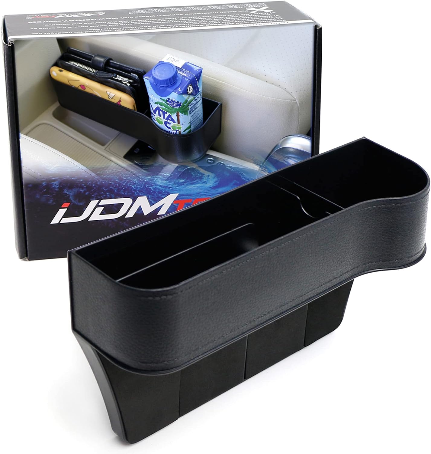 iJDMTOY (1) Black PVC Console Side Pocket Organizer, Car Seat Catcher w/Cup Holder Compatible With Drinks, Key, Wallet, Phone, Sunglasses, etc