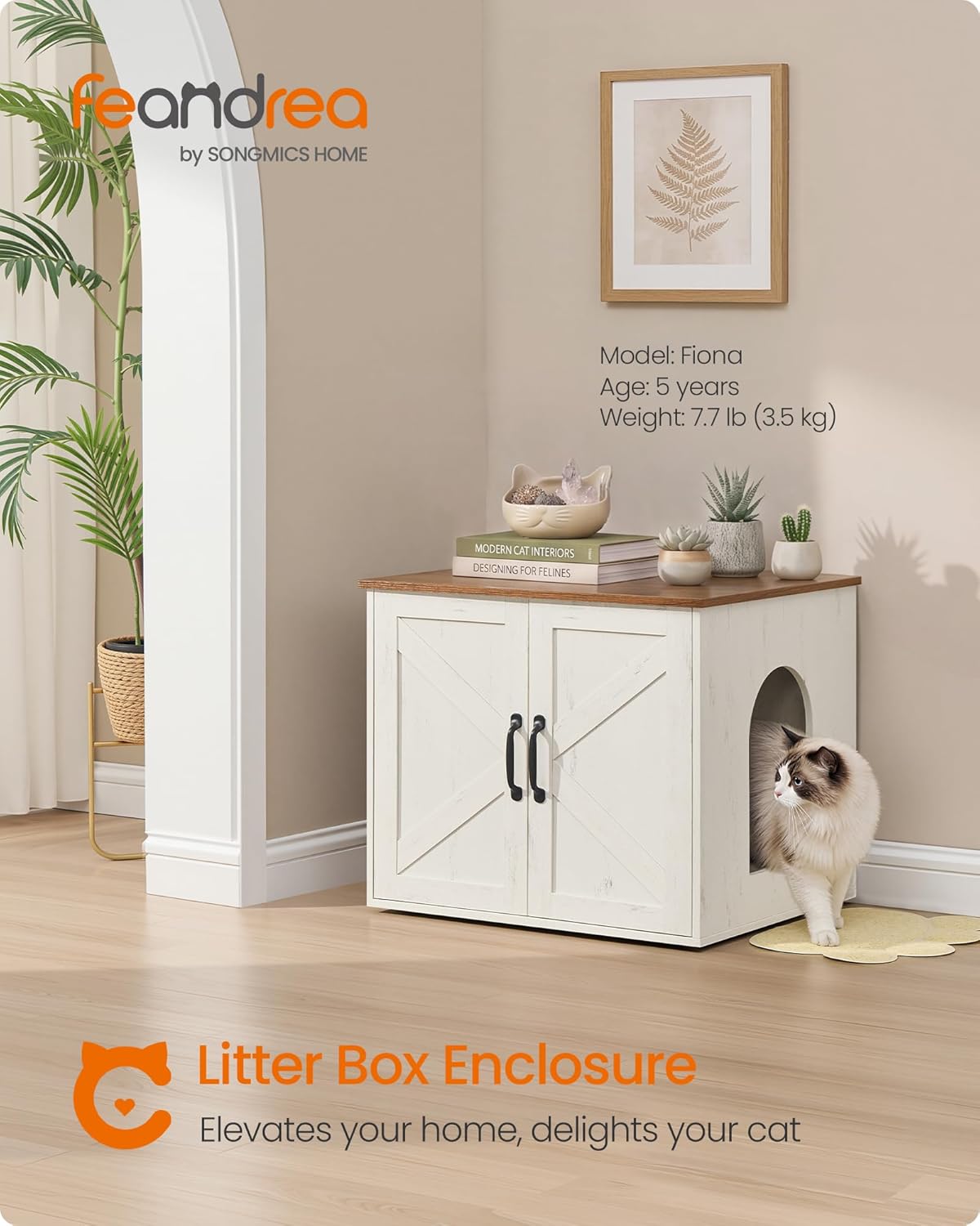 Feandrea Cat Litter Box Enclosure, Hidden Litter Box Furniture, Indoor Pet House End Table, 23.6 x 19.7 x 19.7 Inches, Rustic White and Honey Brown UPCL042W201