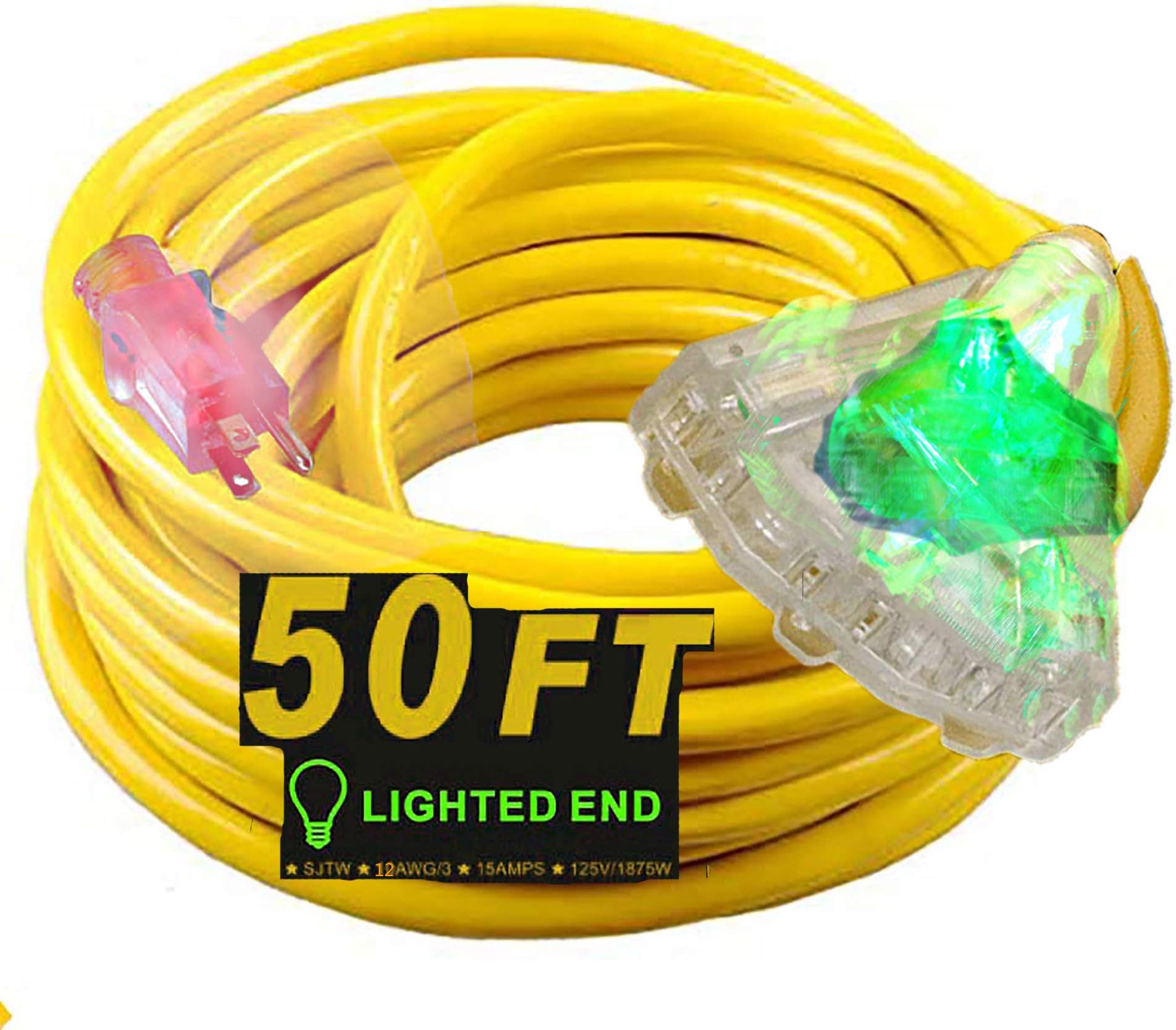 50 ft 10 Gauge Extension Cord Heavy Duty Indoor Outdoor Triple Outlet