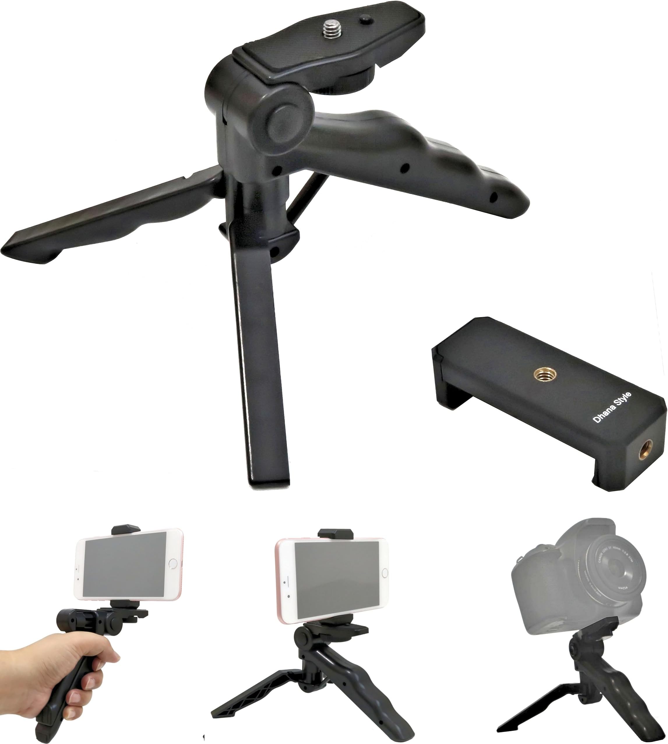 2-Way Tabletop Tripod & Smartphone Holder, Foldable, Small Tripod, Tilt, Adjustable Angle, Head, 1/4'' Stand, Portable, Camera Stand, Hand Grip, Holder, Handy, Mini Tripod, Head (Black)