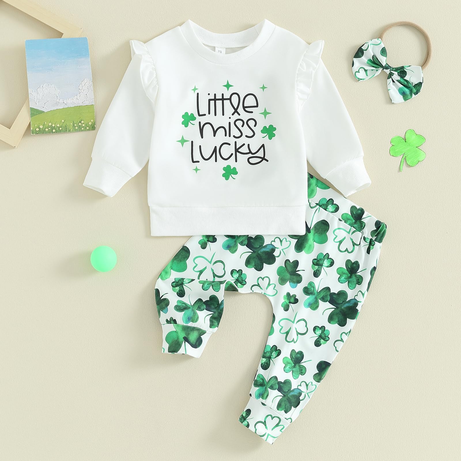 Beautooly St. Patrick's Day Baby Girl Cute Letter T-Shirt Top and Elastic Drawstring Pants Trousers Newborn Outfits (E-White,6-12 Months)