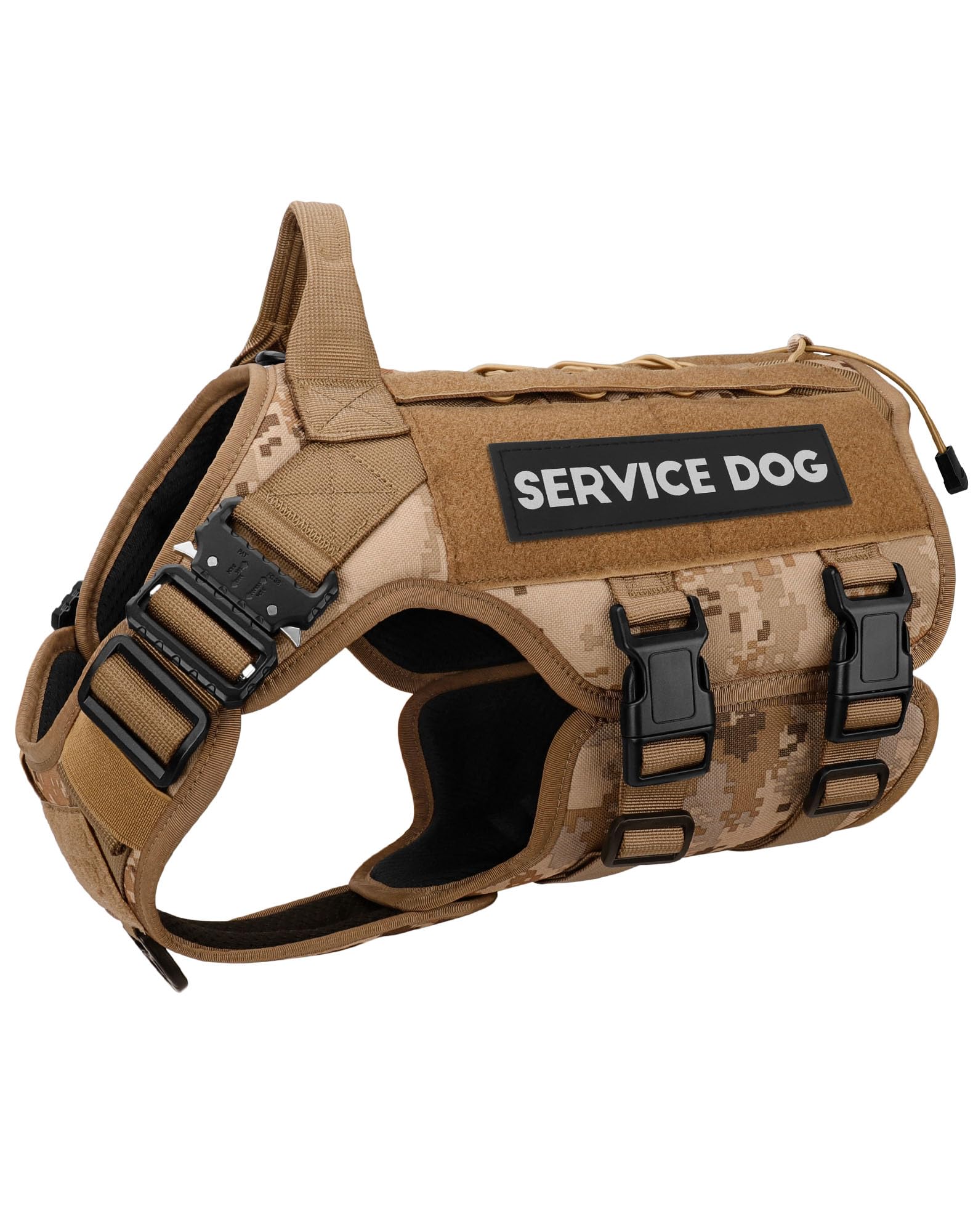PETNANNY Pettorina tattica per cani – Pettorina per cani di taglia grande, resistente per cani di servizio militare medio con maniglia, gancio, pannello ad anello e toppe riflettenti (XL, Desert Camo)