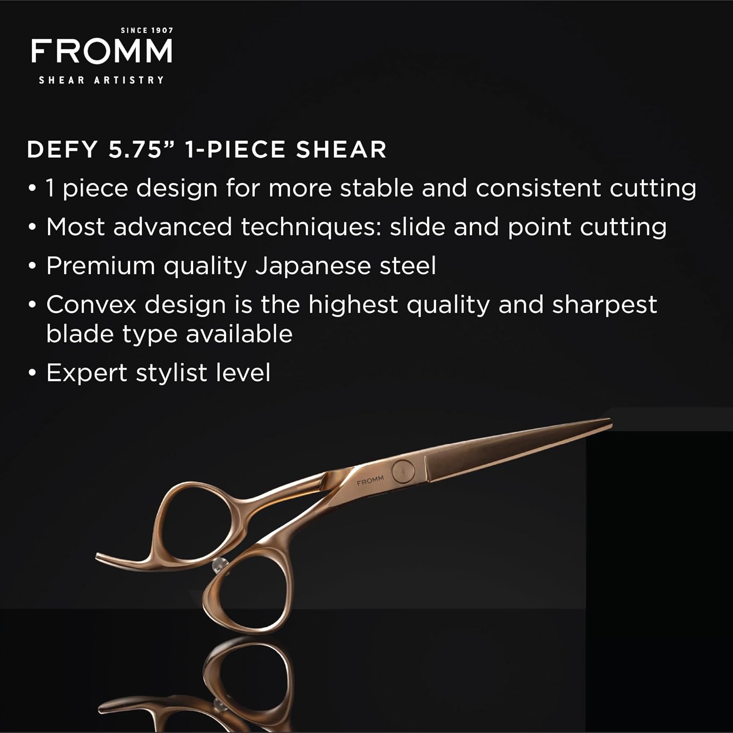 Fromm Professional Defy 5.75" 1-Piece Precision Slide & Point Hair Cutting Shears in Matte Gold Japanese Steel Scissors with Razor Sharp Convex Blade for Expert Salon Stylists