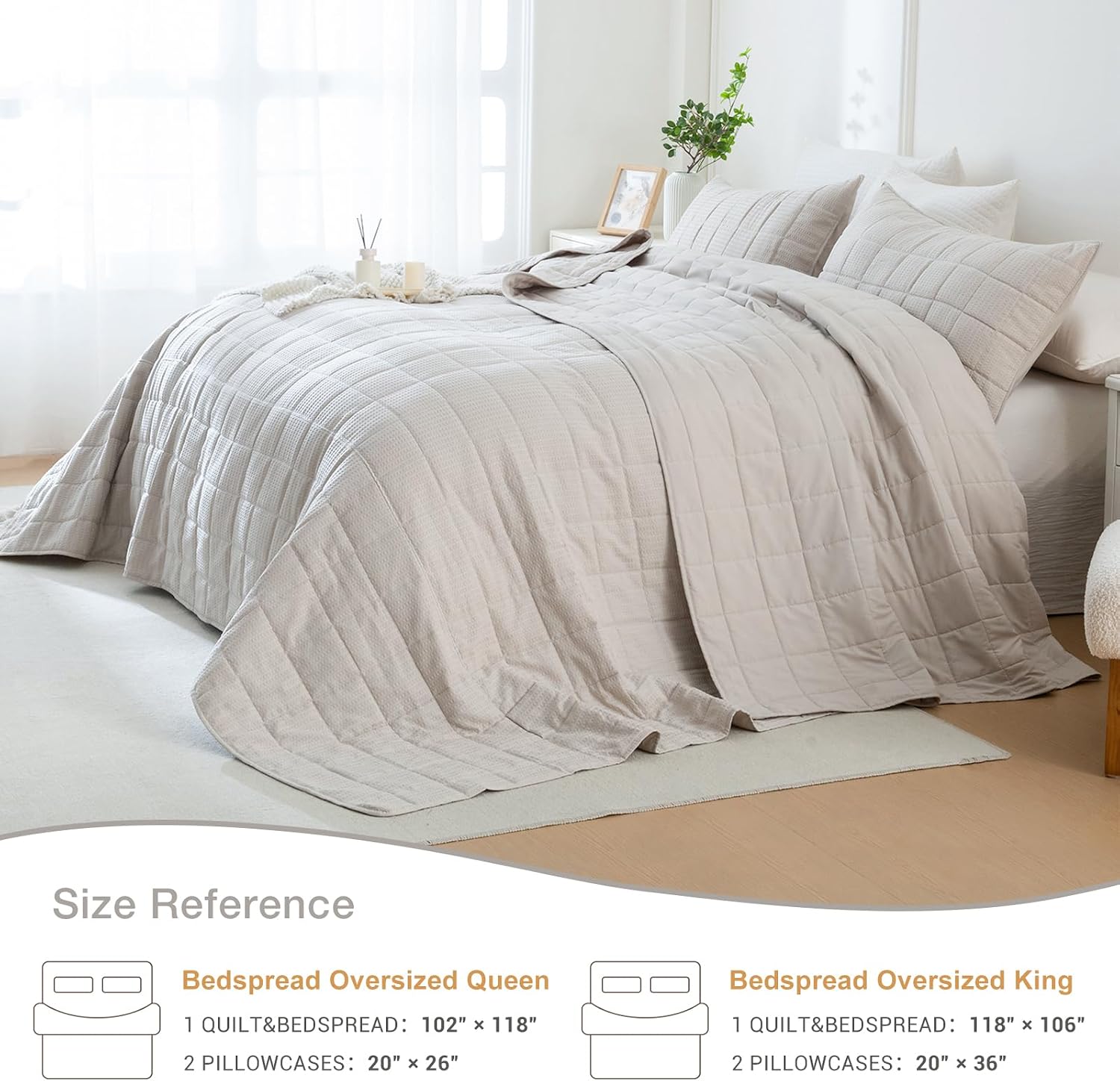 Masaca Oversized King Quilt 118"x106",Light Khaki Waffle Weave California King Bedspread 3 Pieces Lightweight Wheat Extra Large Cal King Quilt Set Farmhouse Soft Coverlet for All Season