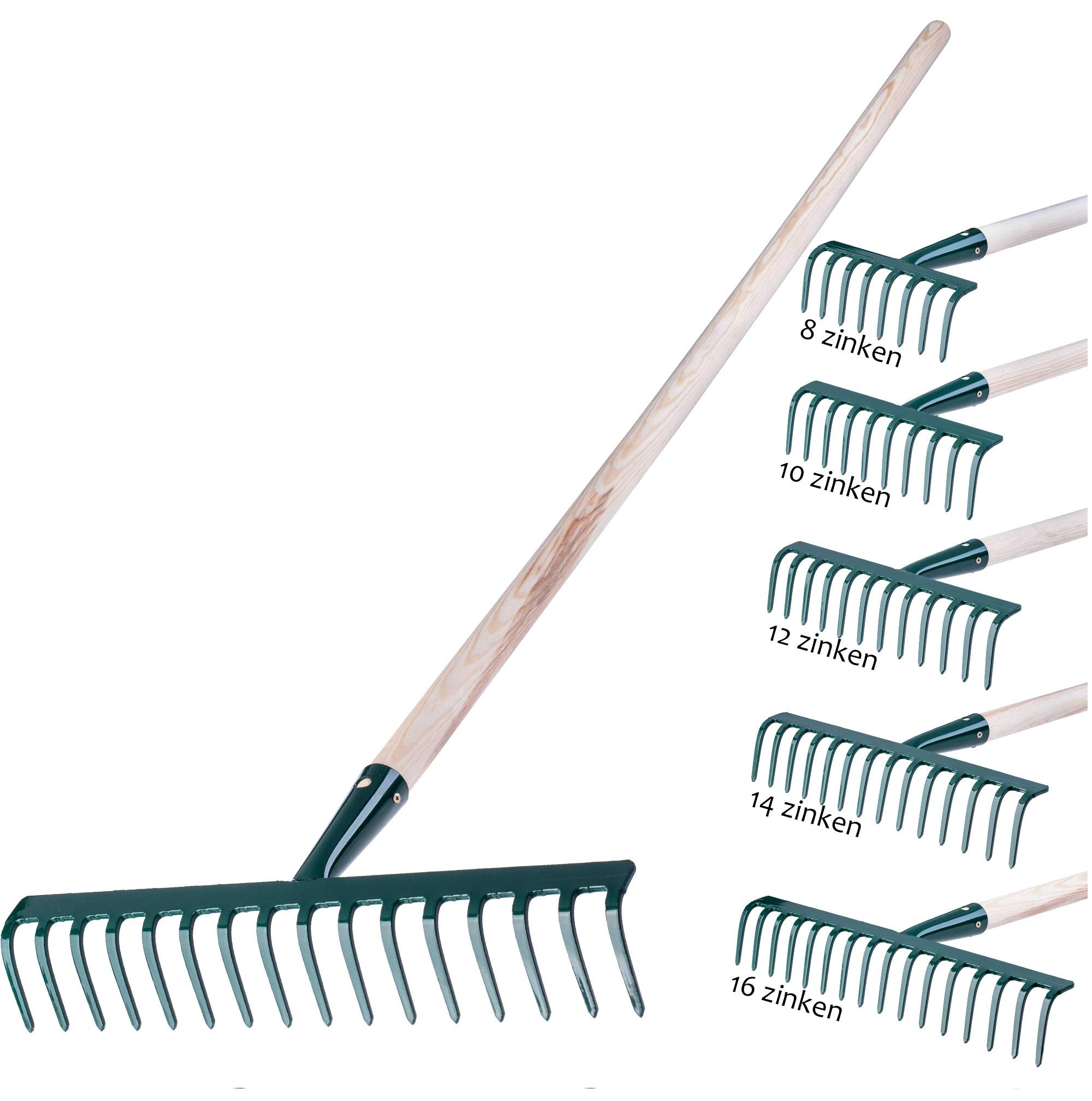 Rastrello Da Giardino In Metallo 14 Denti Con Manico In Legno, Kadax, Per Foglie E Fieno, Verde