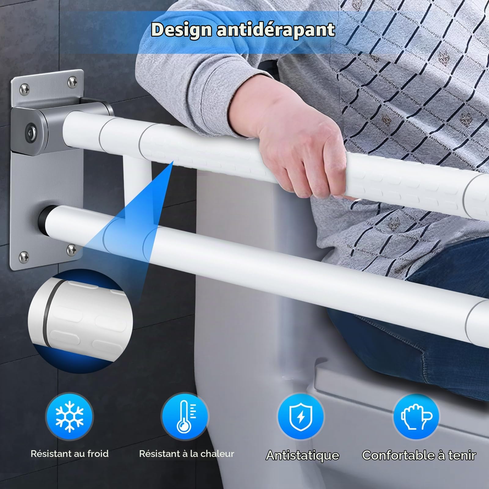 75cm Barre D'appui WC, Barre Toilette Handicapé, Charge portante 300-350kg, Barre D'appui de Salle de Bain en Acier Inoxydable avec 6 Cercles Lumineux pour Handicapé,Âgé,Enceint (White, 75cm)