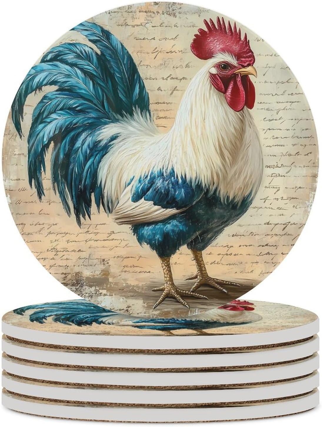 Vintage Cool Rooster Coasters for Drink Round Ceramic Coaster with Cork Base Home Decorative 6PCS