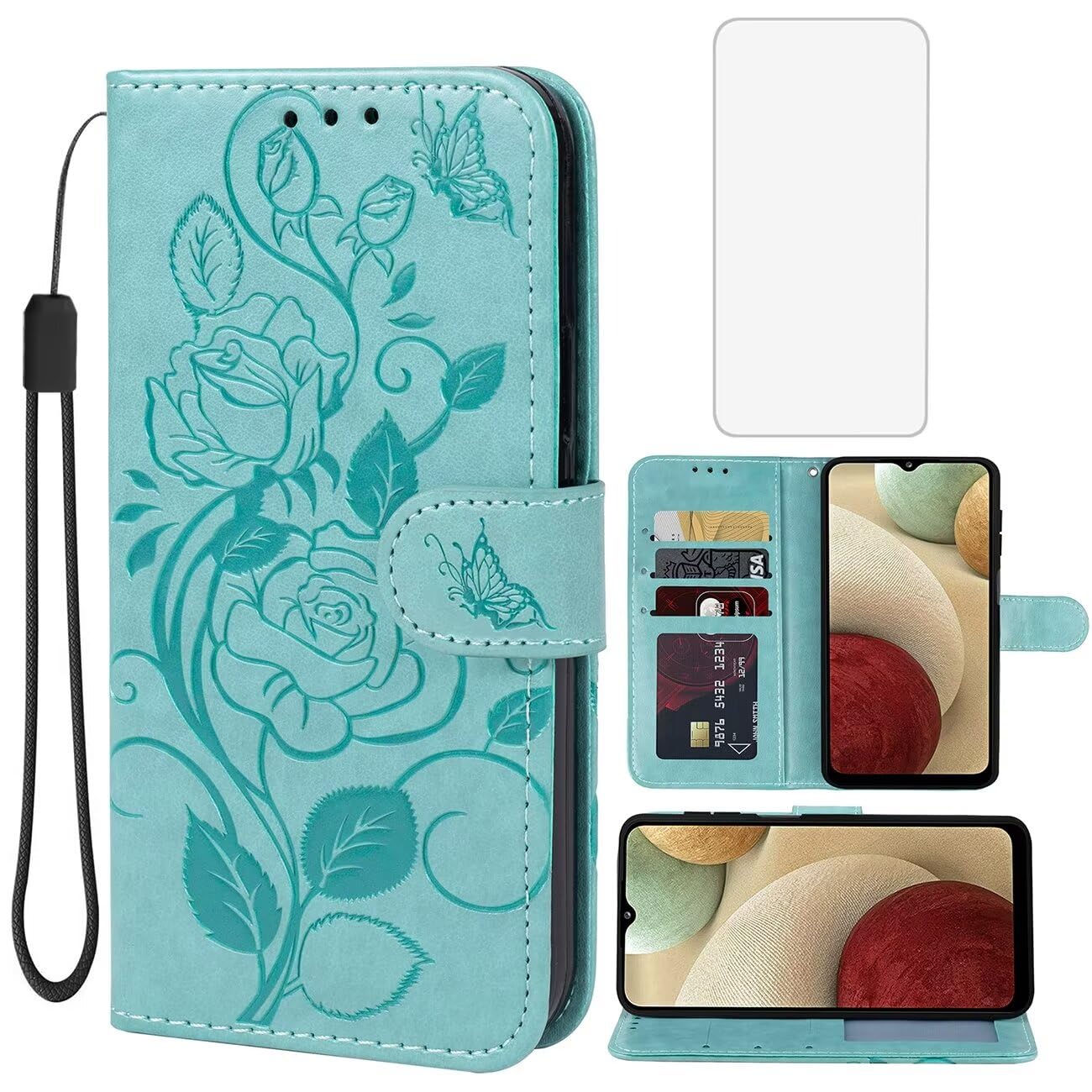 Vavies Case for Galaxy A12 4G/Samsung A12 5G/Galaxy M12 SM-A125U Wallet Case with Tempered Glass Screen Protector, Flower Leather Flip Credit Card Holder Stand Phone Cover for Samsung Galaxy A12 Green