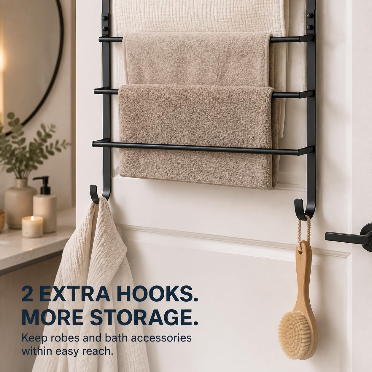 Over The Door Towel Rack, 3 Tier Metal Towel Bars with 2 Hooks for Bathroom,Add Extra Storage with 3 Fixed Towel Bars, 2 Bottom Hooks and Adhesive Pads—Perfect for bathrooms, bedrooms and RVs.