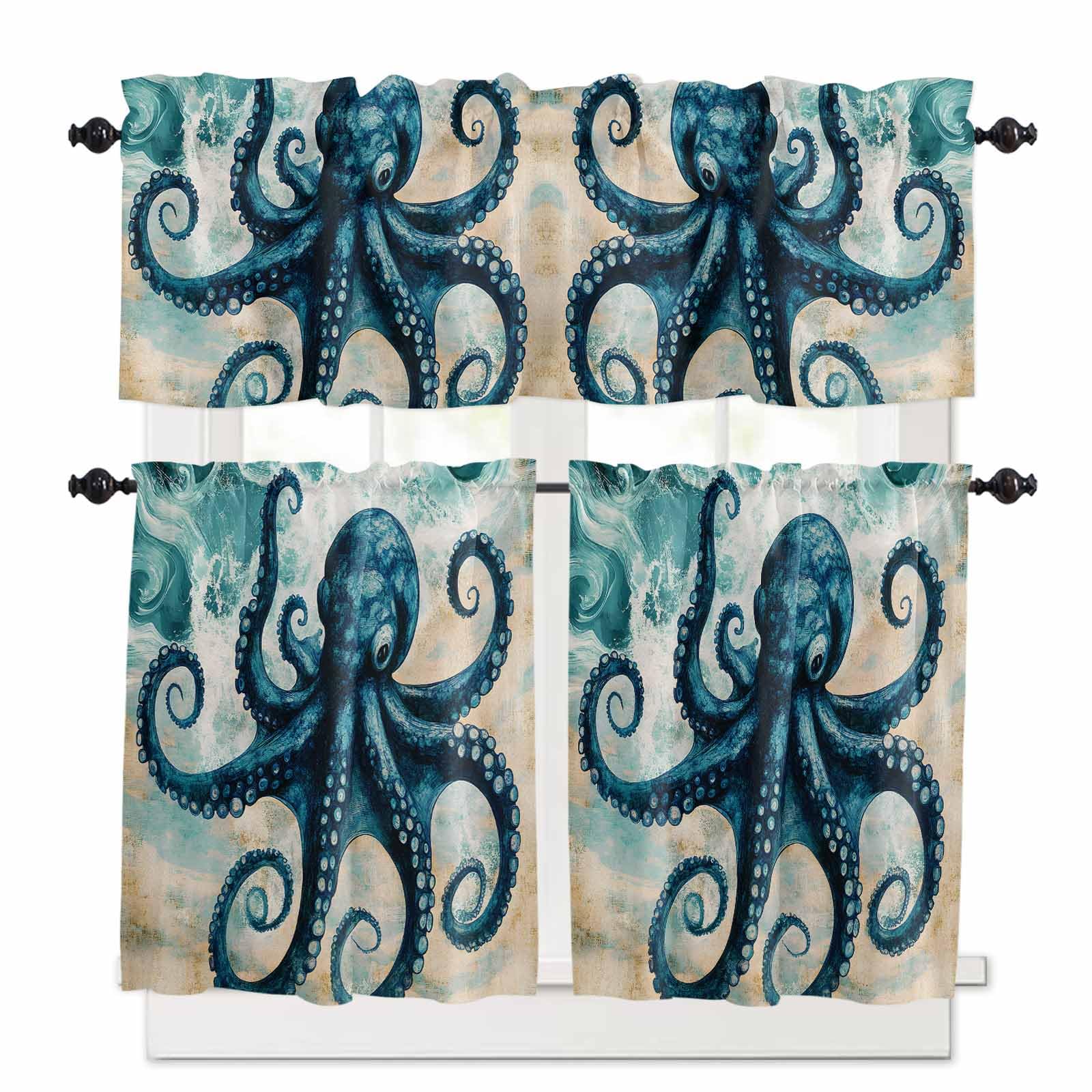 Teal Blue Octopus Kitchen Curtains 36 Inch Length, 3 Piece Rod Pocket Small Half Tiers and Valance Set, Summer Coastal Beach Wave Small Large Window Treatment Decor for Bedroom/Bathroom Sink