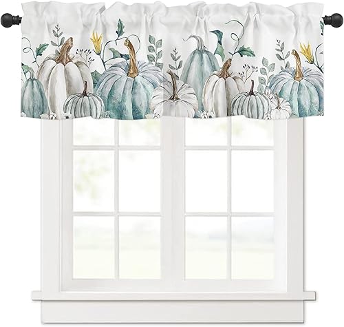 Miniatura 2 de Cenefas de cocina de Acción de Gracias para ventanas de sala de estar, cenefa de calabaza con bolsillo para cortinero, color verde azulado, gris y