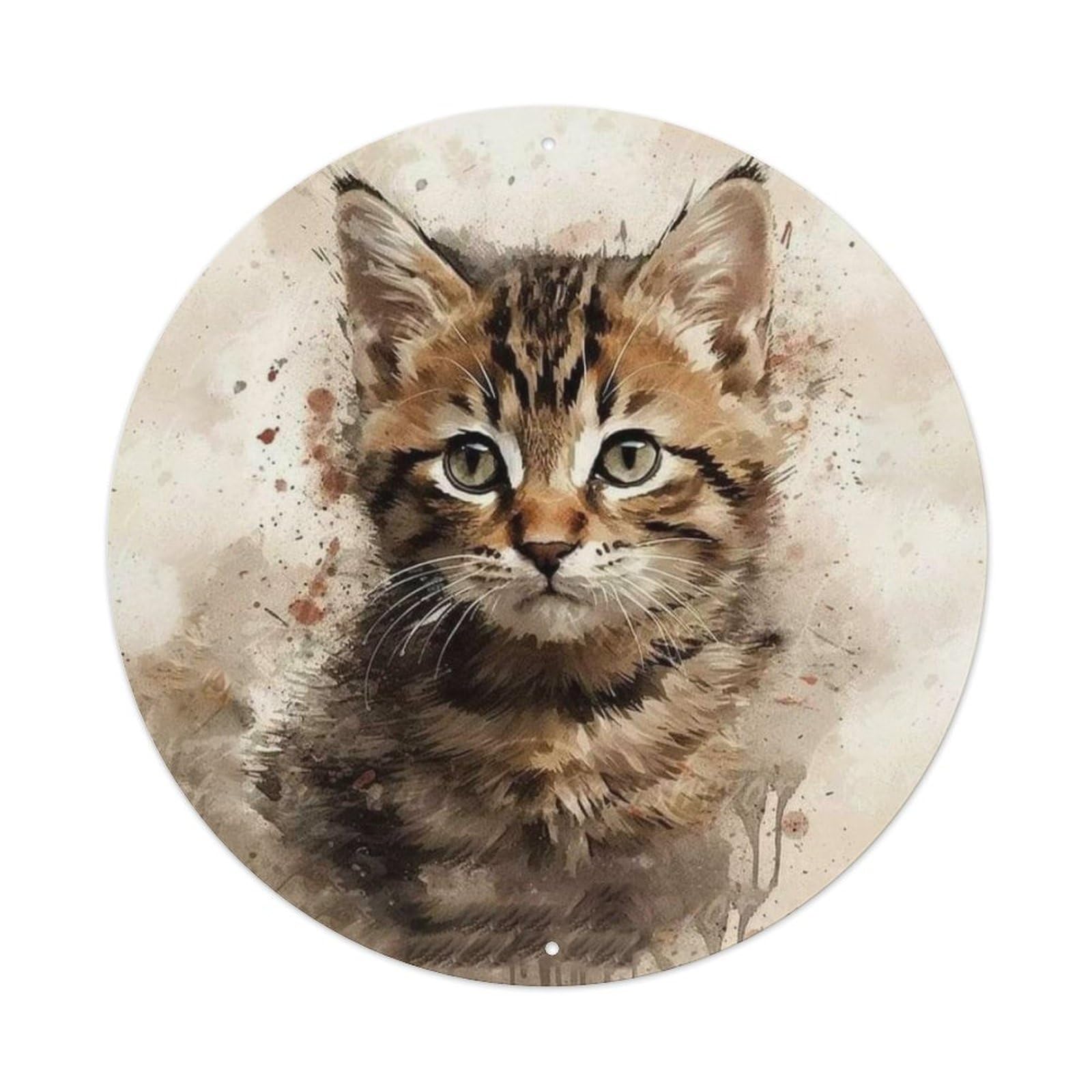 Animal Tabby Cat Cute Kitten Watercolor Portrait Vintage Metal Tin Sign Plaque Wall Decor for Cafe, Club Bar, Office, Garden Metal Poster 8x8Inch