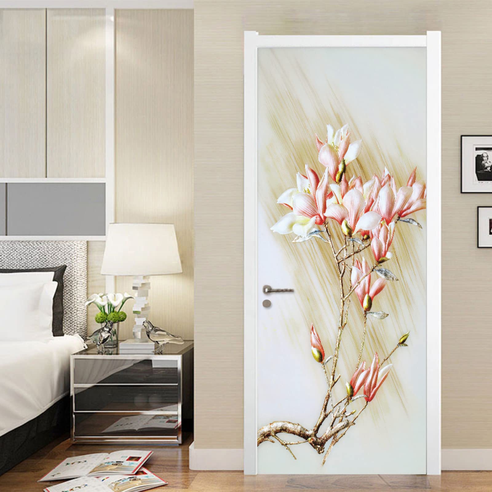 Sticker porte effet trompe-l'œil magnolia rose pour créer une ambiance zen dans votre chambre