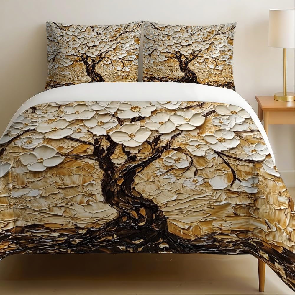 Housse de couette 220x240 blanche avec motif arbre à fleurs en relief et 2 taies
