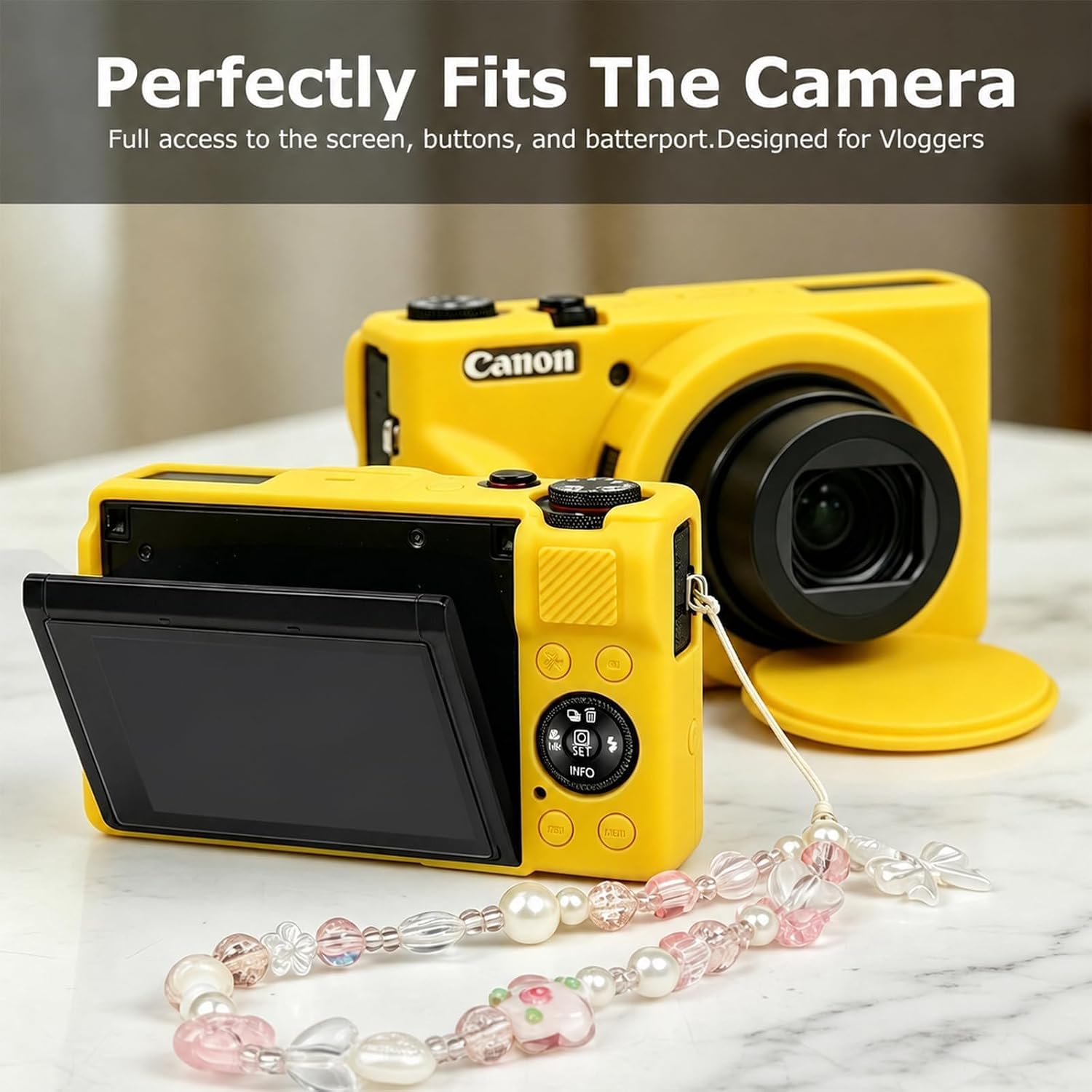Silicone Case for Canon PowerShot G7X Mark III, Anti-Slip Rubber Skin with 2 Screen Protectors & 2 Straps (Lanyard, Chain), Vlogging Accessories Kit for G7 X mk iii (Yellow)