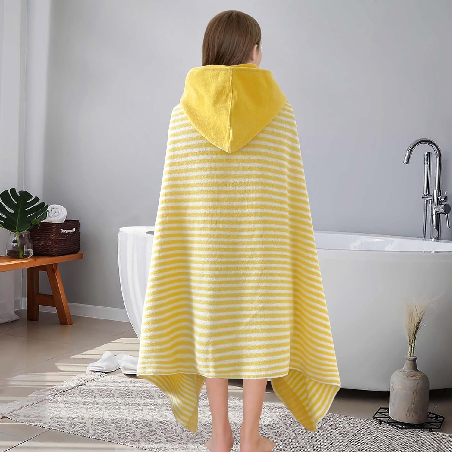  Big Kids Hooded Beach Wrap, 8+, 100% Cotton,Yellow White | Yellow Stripe Design, Soft, Absorbent  Quick Dry, Ideal for Girls’ Bath, Beach and Pool Use thumbnail
