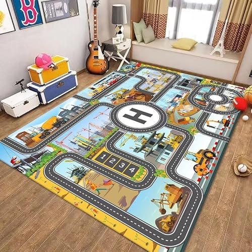 Kids Play Rug Carpet Town City Industrial Farm Road Car Mat 160x120cm Kids Playmat Exercise Mat Learning Educational Area Rug for Boy Girl Kids Playroom (Style D, 120x160cm)
