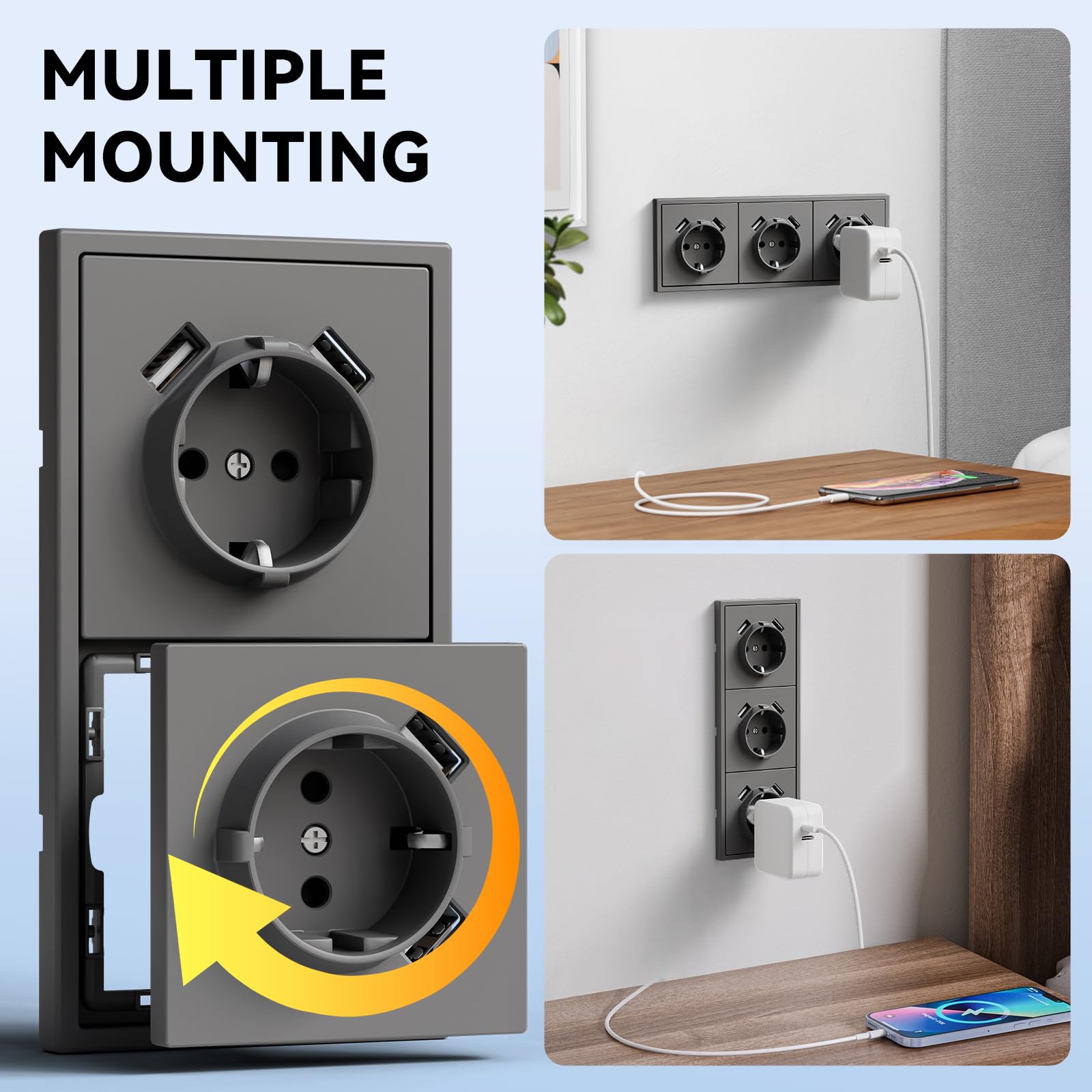 BSEED LIFE gniazdko wtykowe z zestykiem ochronnym z wejściem USB podtynkowe standardowe gniazdo ścienne 16 A z ramą PC, 80 x 220 mm, gniazdo incelne z pazurami, łatwa instalacja, potrójne, szare